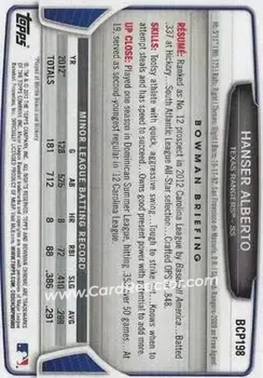 2013 Bowman Chrome - Prospects #BCP198 - Hanser Alberto - Texas Rangers - Back