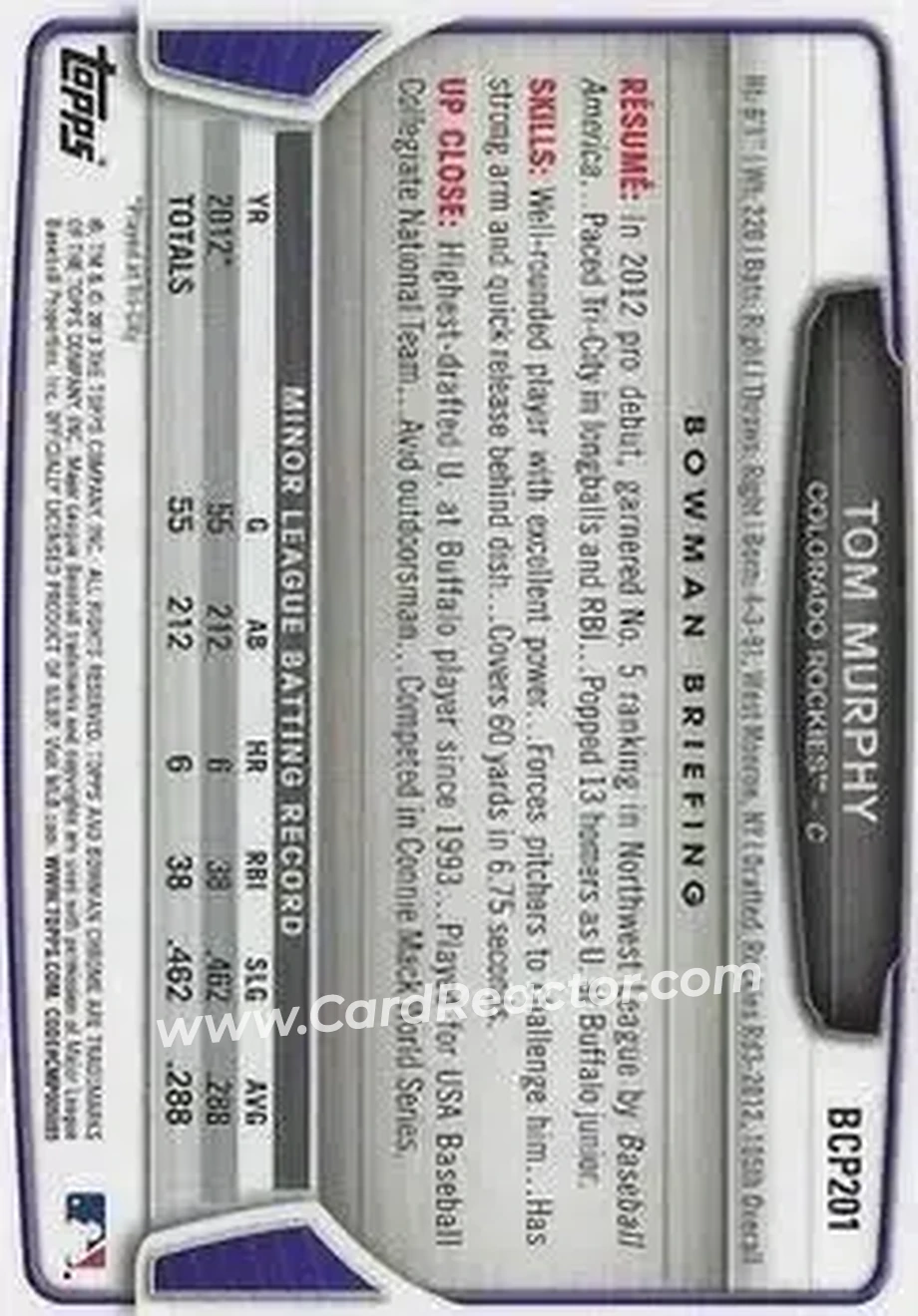 2013 Bowman Chrome - Prospects #BCP201 - Tom Murphy - Colorado Rockies - Back