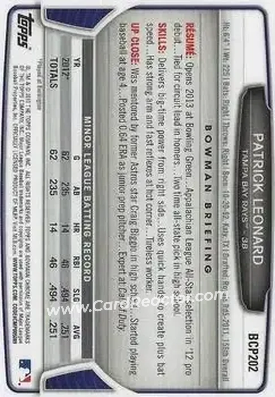 2013 Bowman Chrome - Prospects #BCP202 - Patrick Leonard - Tampa Bay Rays - Back