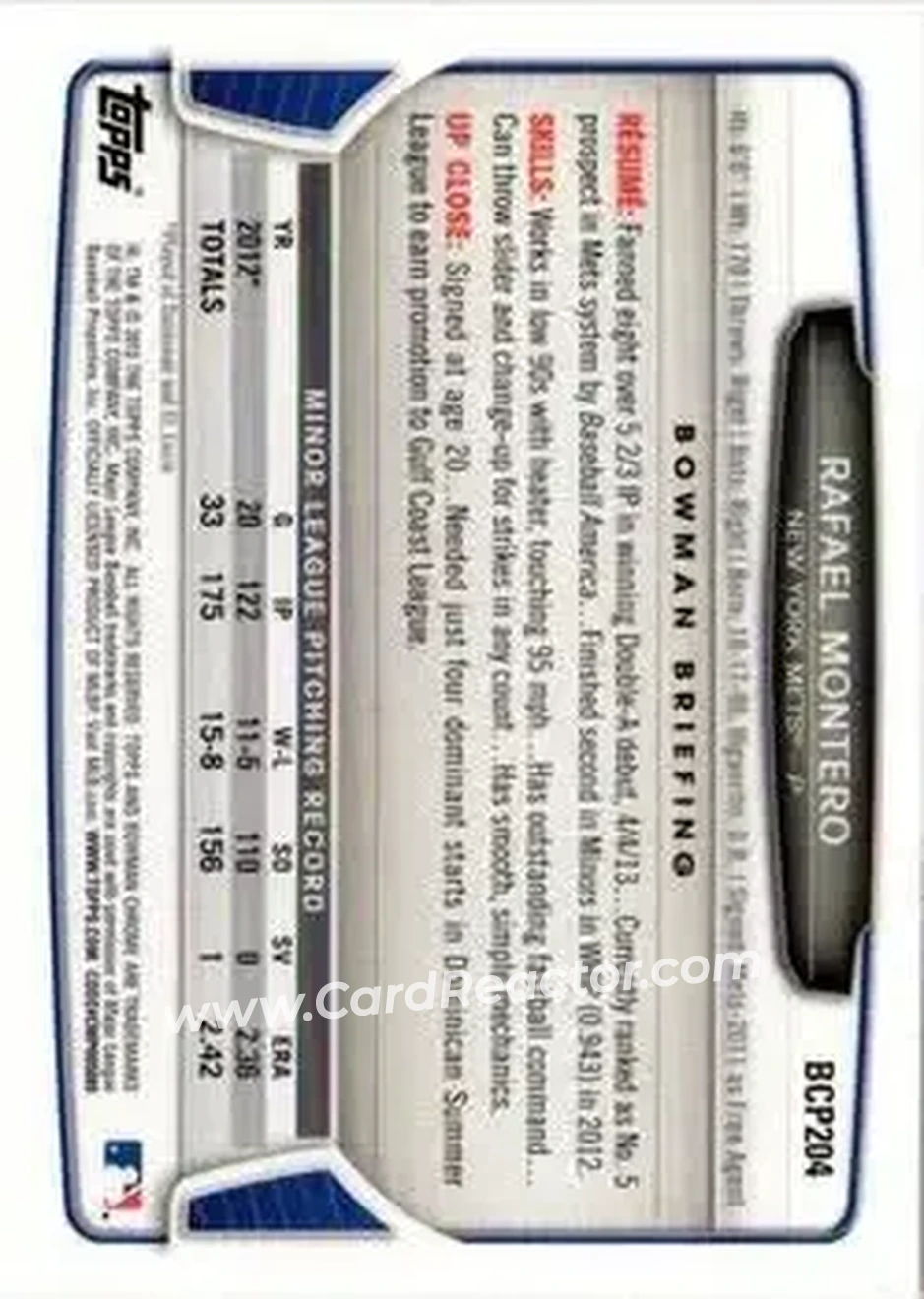 2013 Bowman Chrome - Prospects #BCP204 - Rafael Montero - New York Mets - Back