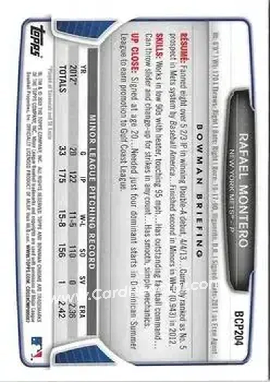 2013 Bowman Chrome - Prospects #BCP204 - Rafael Montero - New York Mets - Back