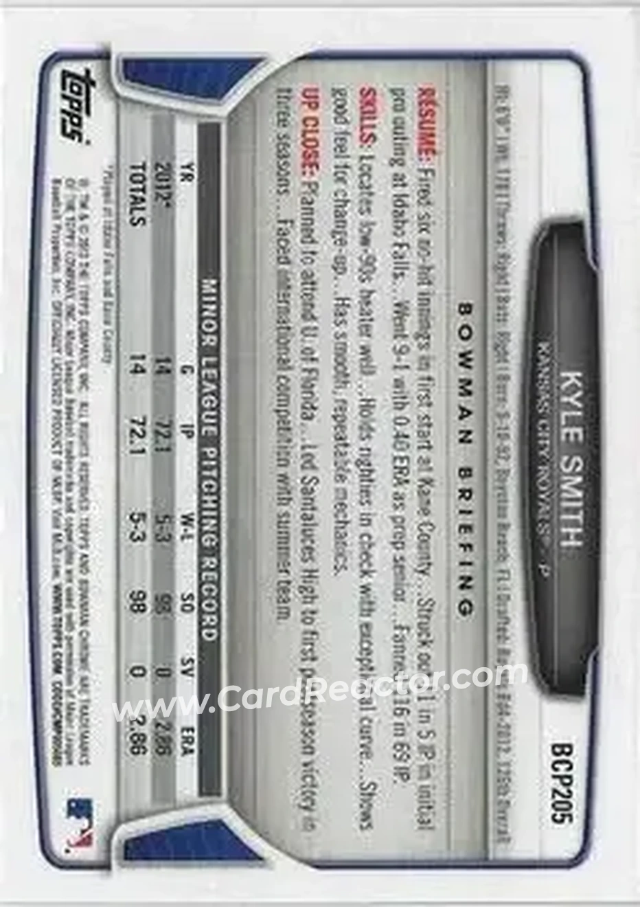 2013 Bowman Chrome - Prospects #BCP205 - Kyle Smith - Kansas City Royals - Back
