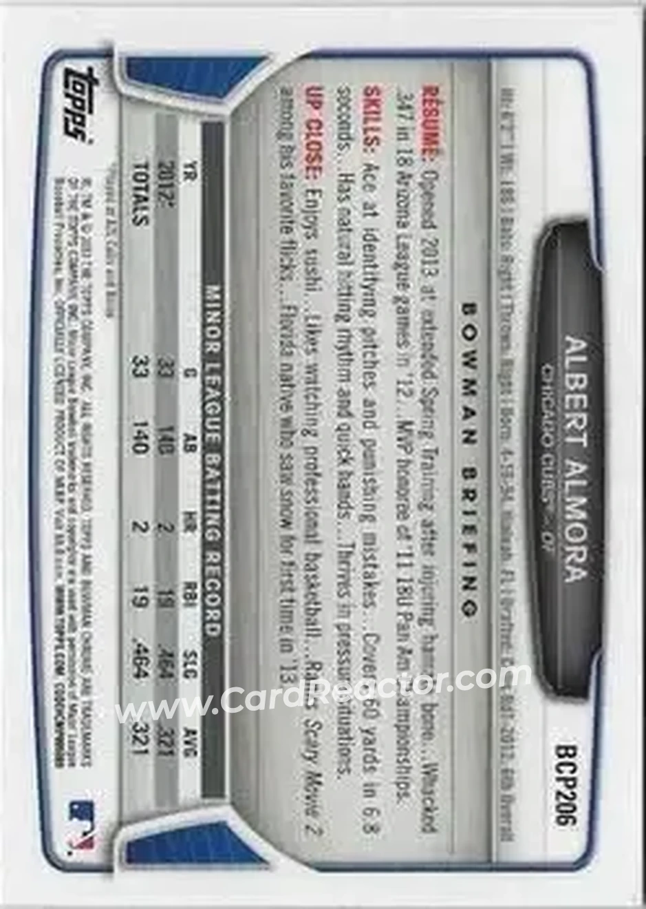 2013 Bowman Chrome - Prospects #BCP206 - Albert Almora - Chicago Cubs - Back