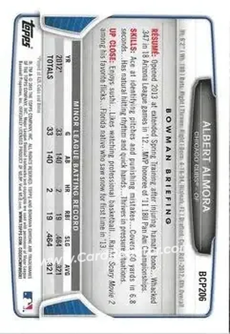 2013 Bowman Chrome - Prospects #BCP206 - Albert Almora - Chicago Cubs - Back