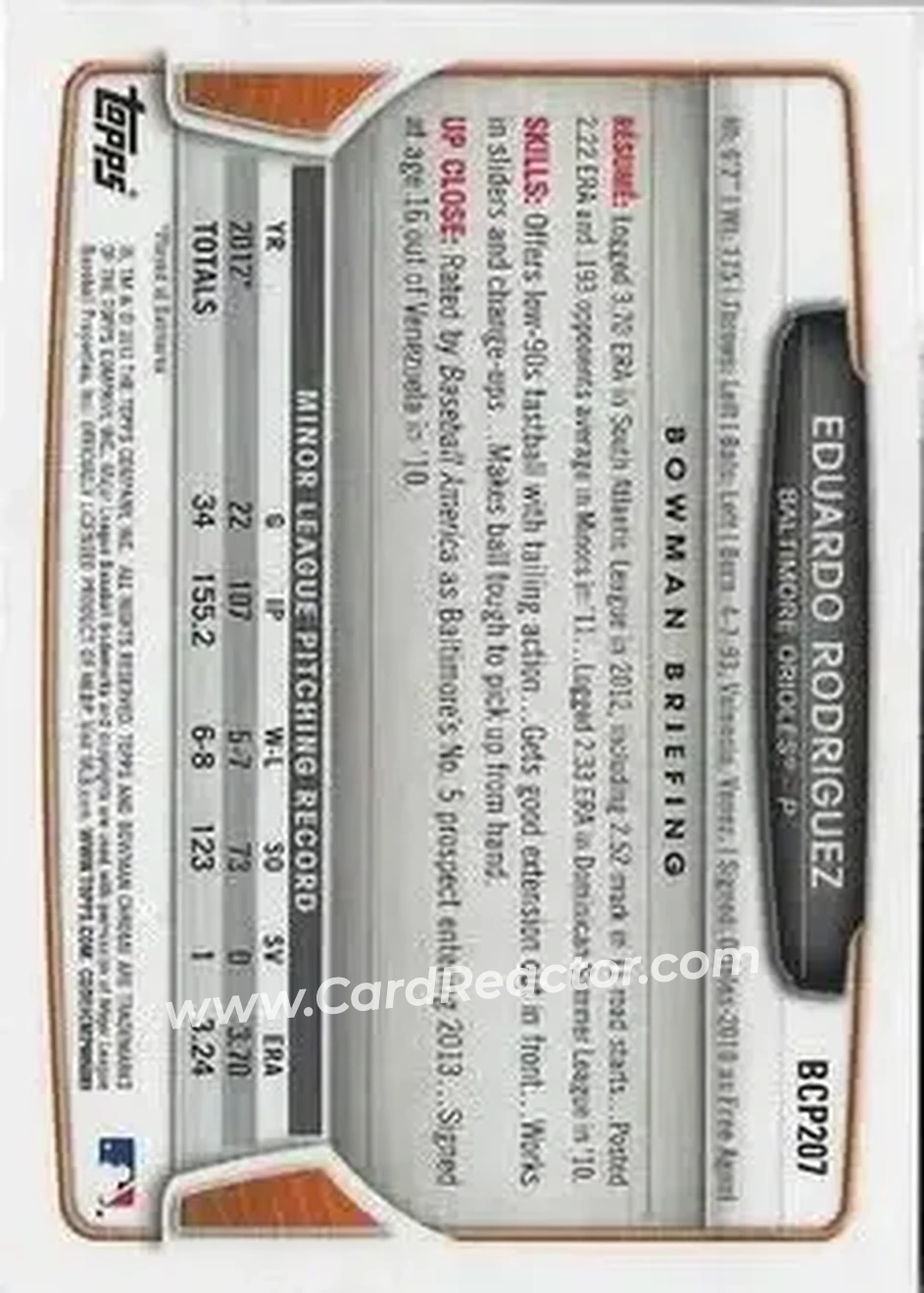 2013 Bowman Chrome - Prospects #BCP207 - Eduardo Rodriguez - Baltimore Orioles - Back