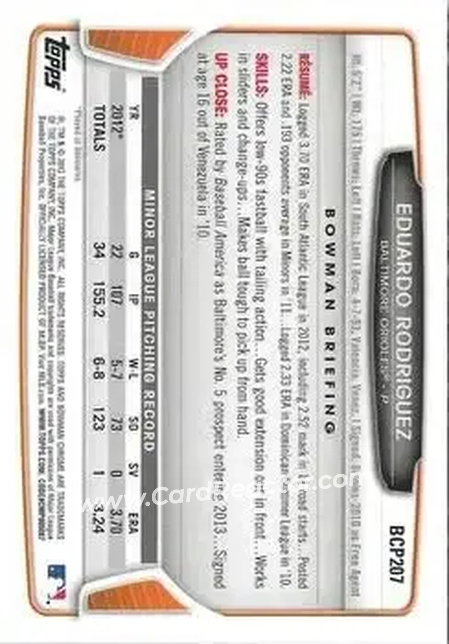 2013 Bowman Chrome - Prospects #BCP207 - Eduardo Rodriguez - Baltimore Orioles - Back