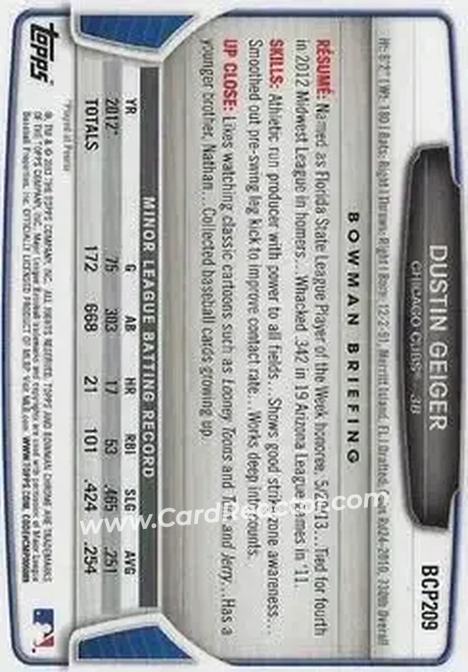 2013 Bowman Chrome - Prospects #BCP209 - Dustin Geiger - Chicago Cubs - Back