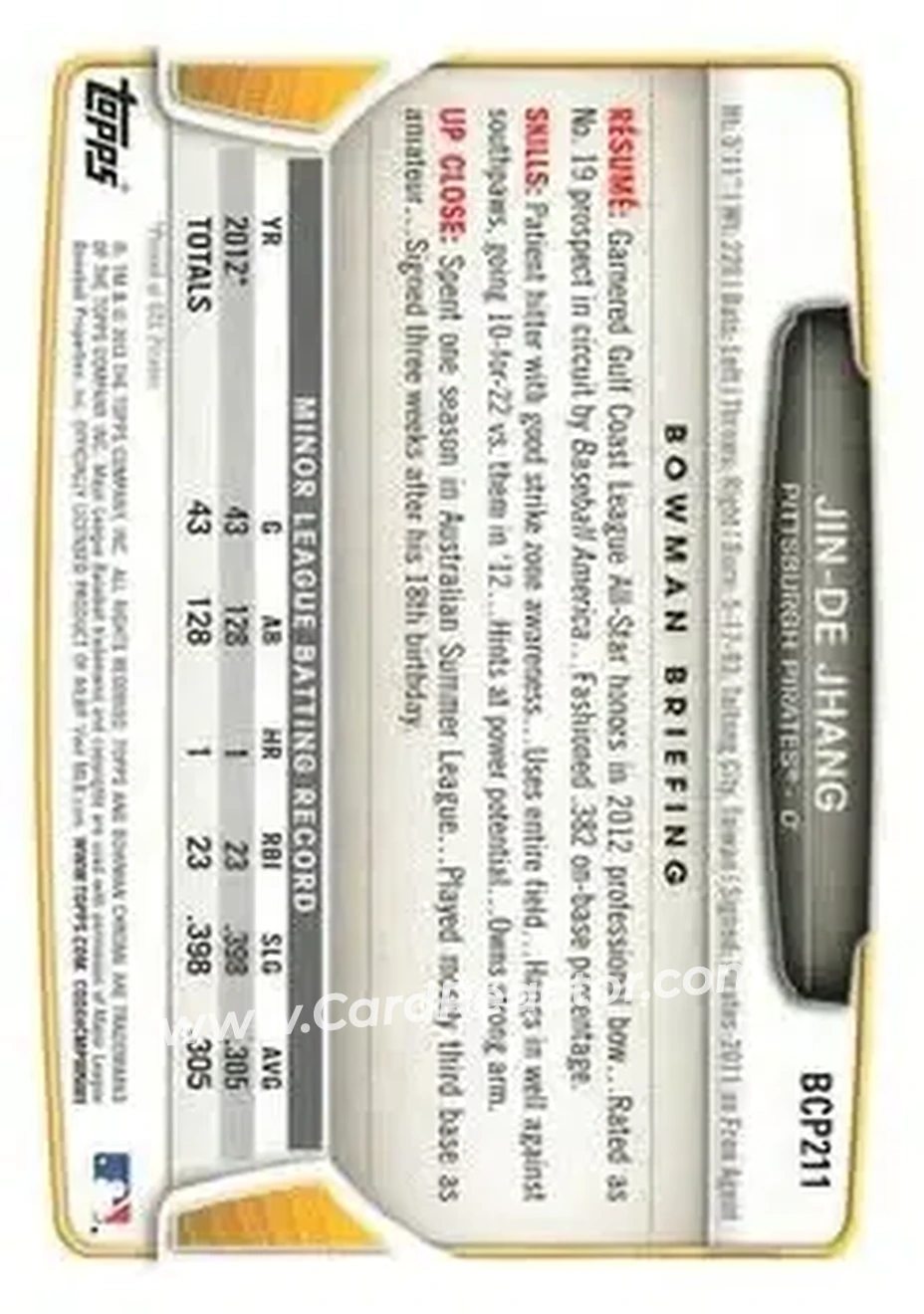 2013 Bowman Chrome - Prospects #BCP211 - Jin-De Jhang - Pittsburgh Pirates - Back
