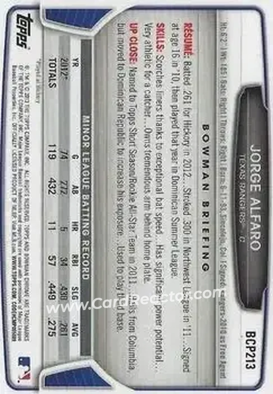 2013 Bowman Chrome - Prospects #BCP213 - Jorge Alfaro - Texas Rangers - Back
