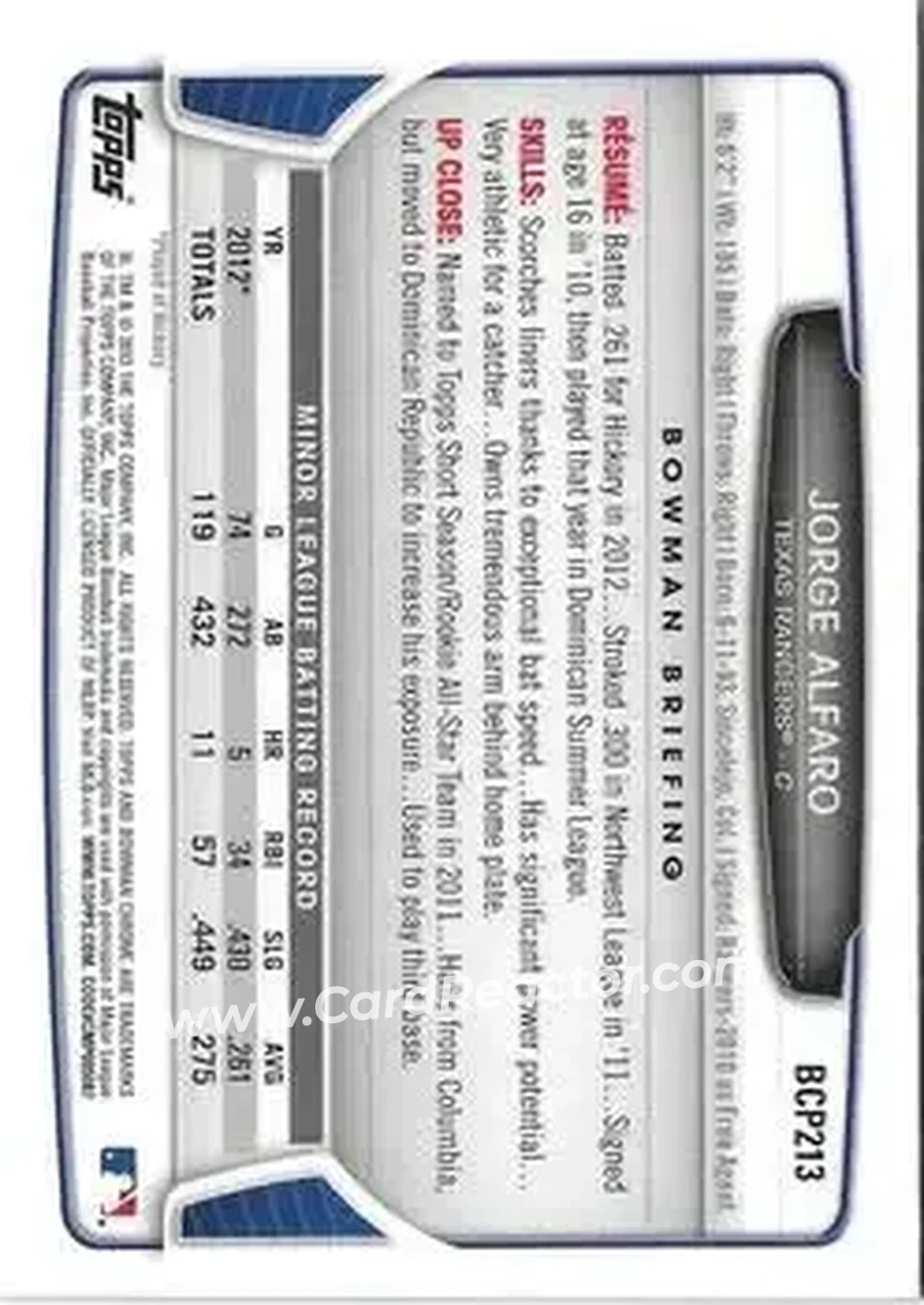 2013 Bowman Chrome - Prospects #BCP213 - Jorge Alfaro - Texas Rangers - Back