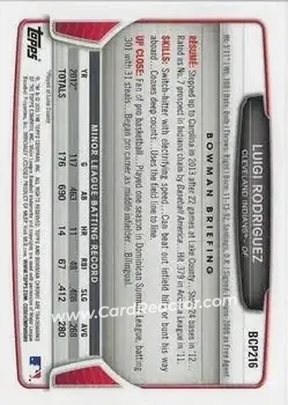 2013 Bowman Chrome - Prospects #BCP216 - Luigi Rodriguez - Cleveland Indians - Back