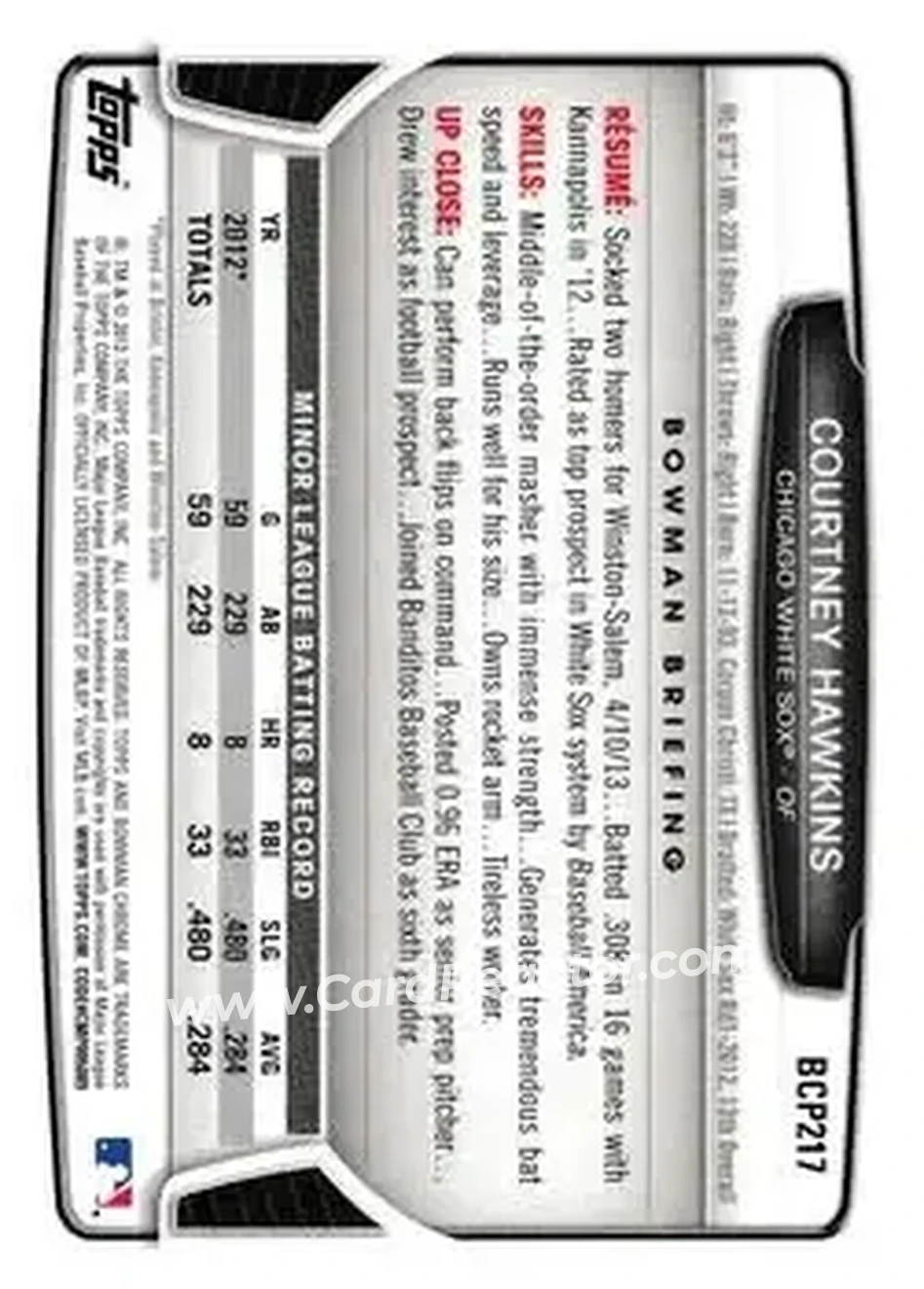 2013 Bowman Chrome - Prospects #BCP217 - Courtney Hawkins - Chicago White Sox - Back
