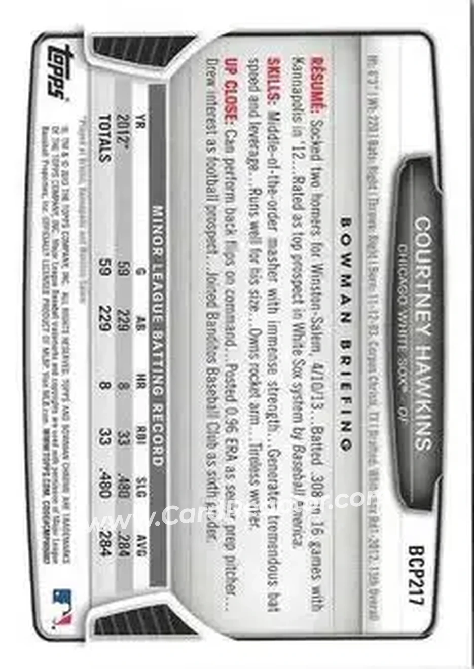 2013 Bowman Chrome - Prospects #BCP217 - Courtney Hawkins - Chicago White Sox - Back