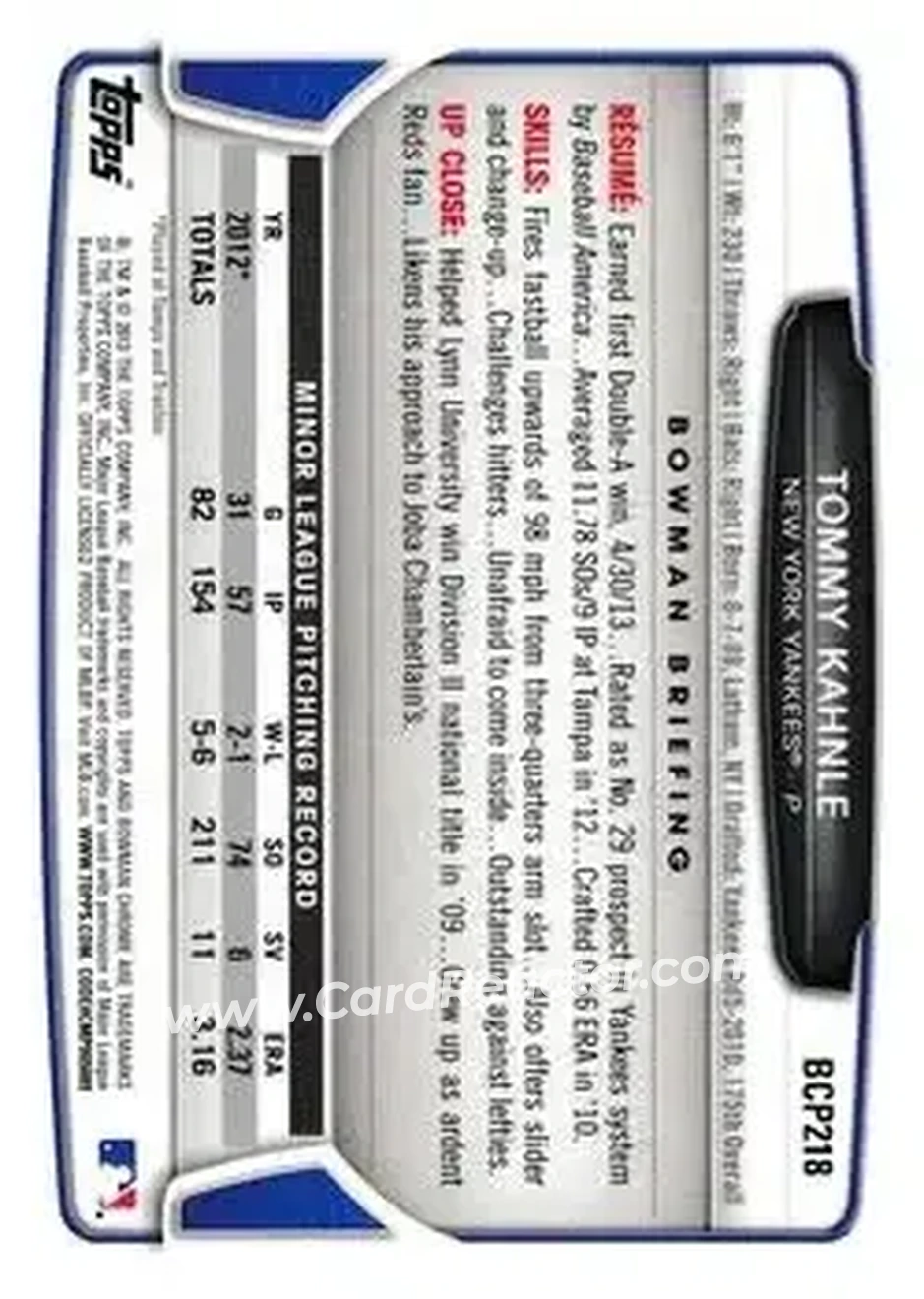 2013 Bowman Chrome - Prospects #BCP218 - Tommy Kahnle - New York Yankees - Back