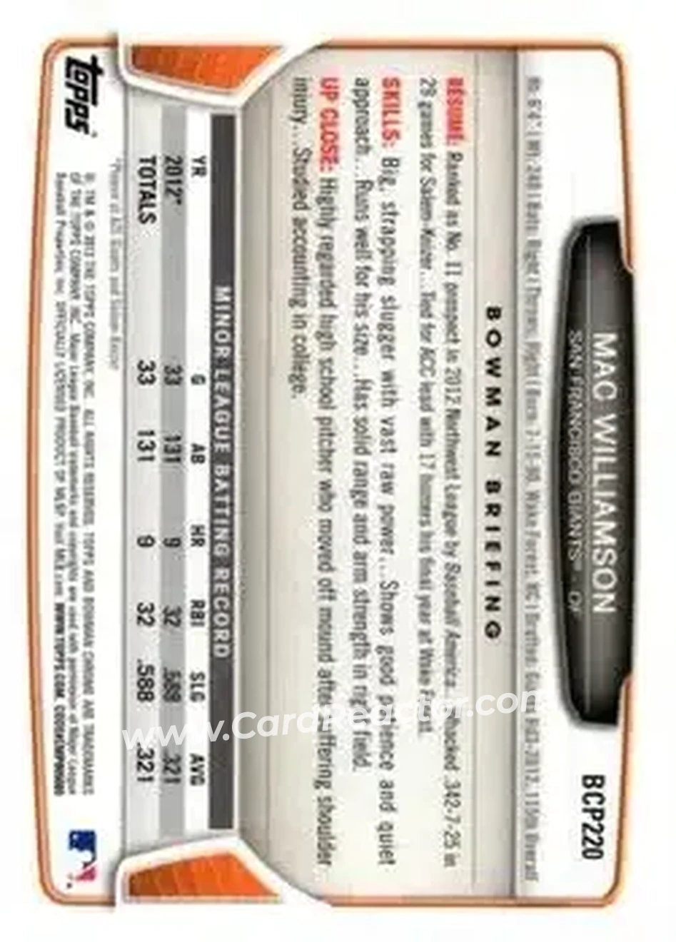 2013 Bowman Chrome - Prospects #BCP220 - Mac Williamson - San Francisco Giants - Back