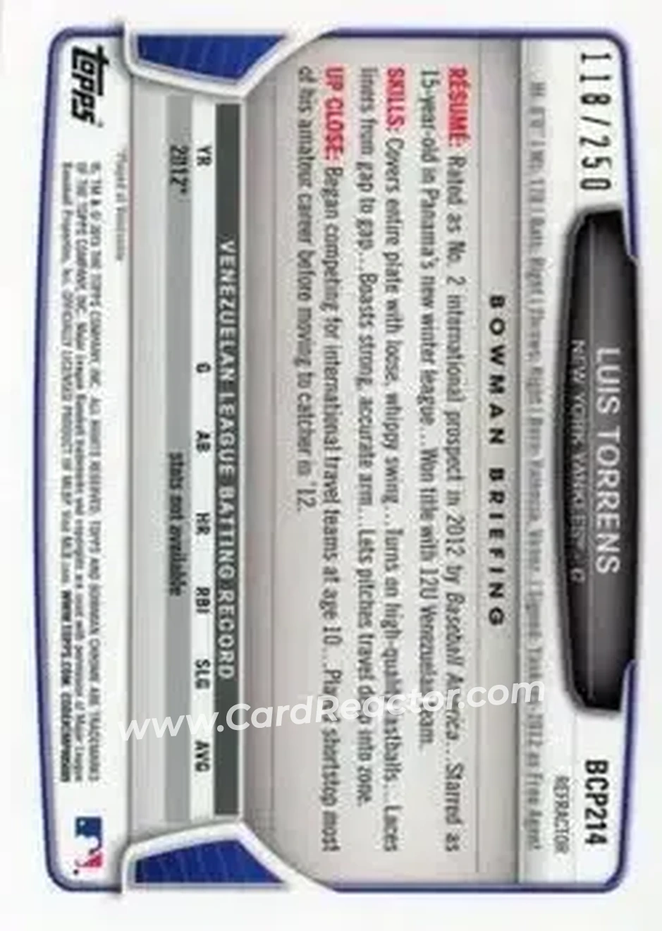 2013 Bowman Chrome - Prospects Blue Refractors #BCP214 - Luis Torrens - New York Yankees - Back