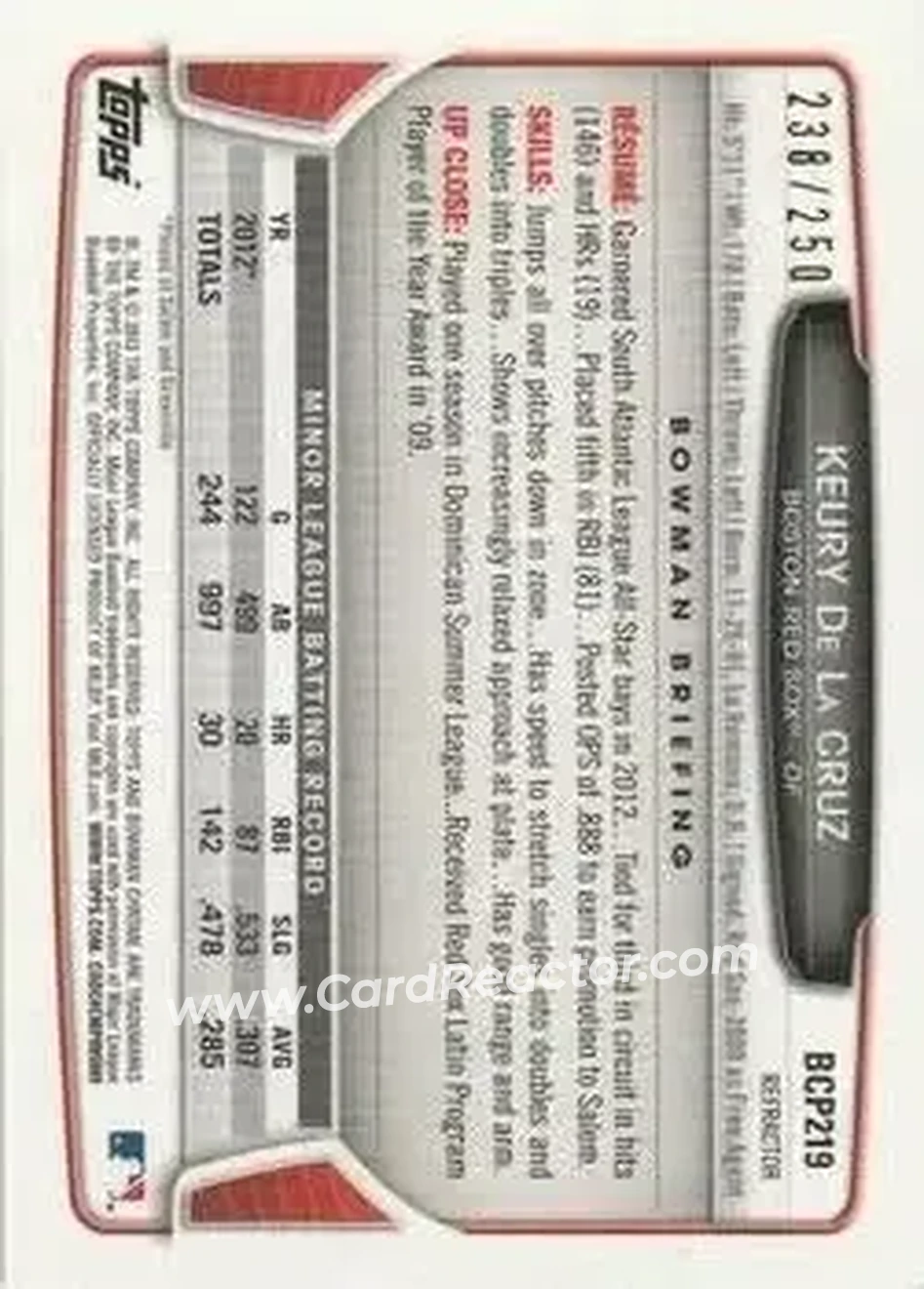 2013 Bowman Chrome - Prospects Blue Refractors #BCP219 - Keury de la Cruz - Boston Red Sox - Back