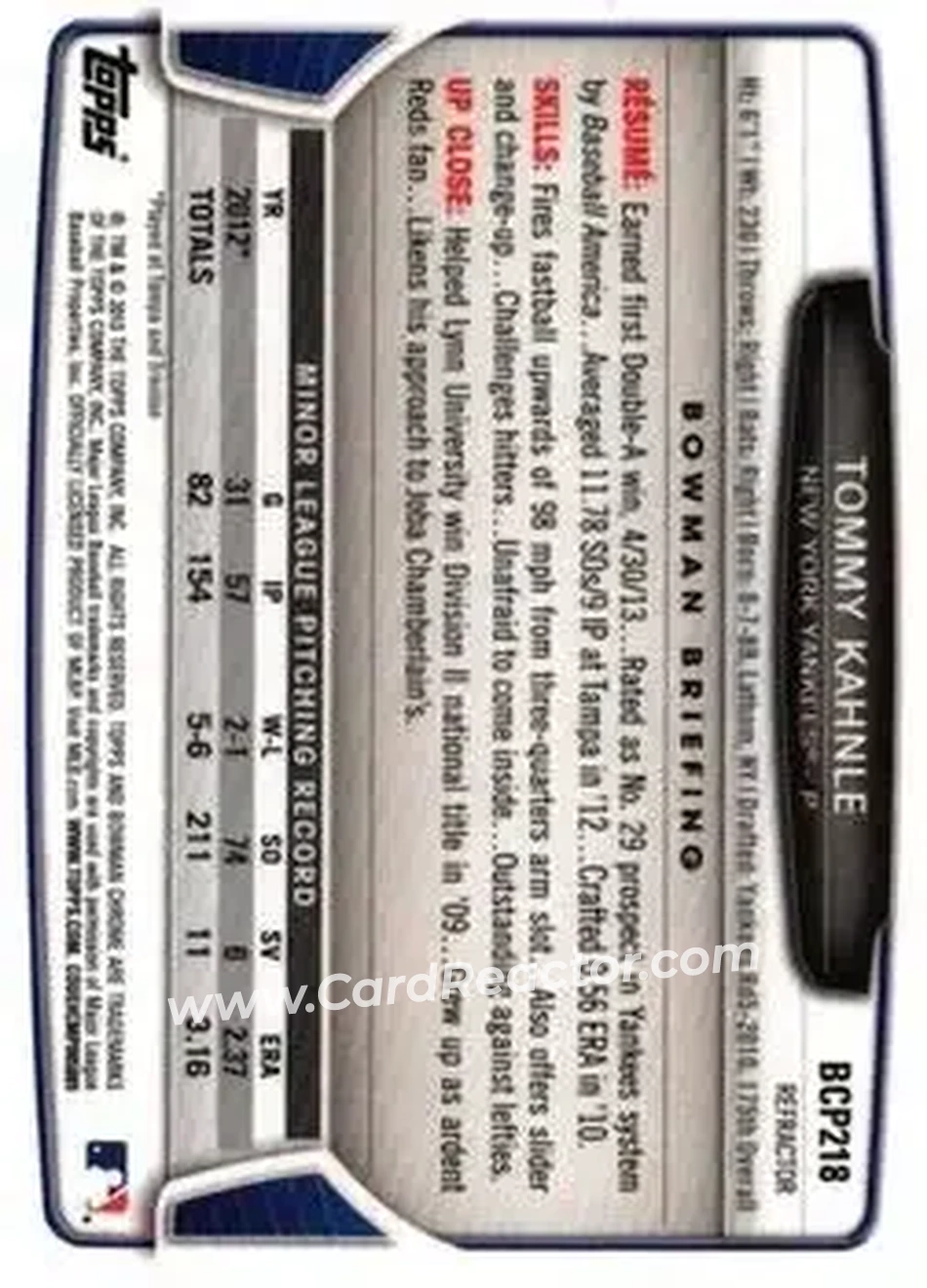 2013 Bowman Chrome - Prospects Blue Wave Refractors #BCP218 - Tommy Kahnle - New York Yankees - Back 2013 Bowman Chrome - Prospects Blue Wave Refractors #BCP218 - Tommy Kahnle - New York Yankees - Back