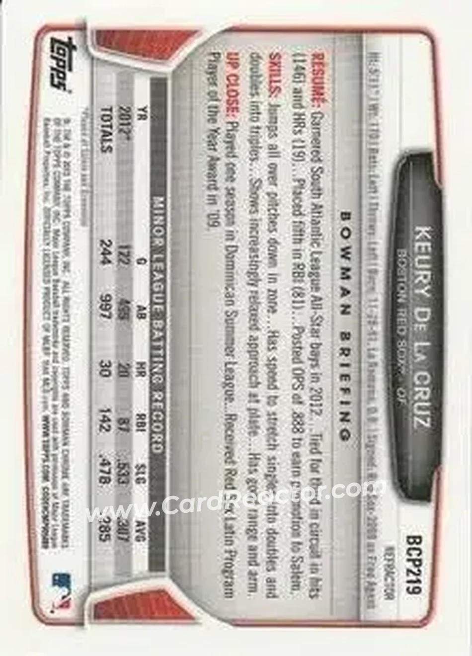 2013 Bowman Chrome - Prospects Blue Wave Refractors #BCP219 - Keury de la Cruz - Boston Red Sox - Back