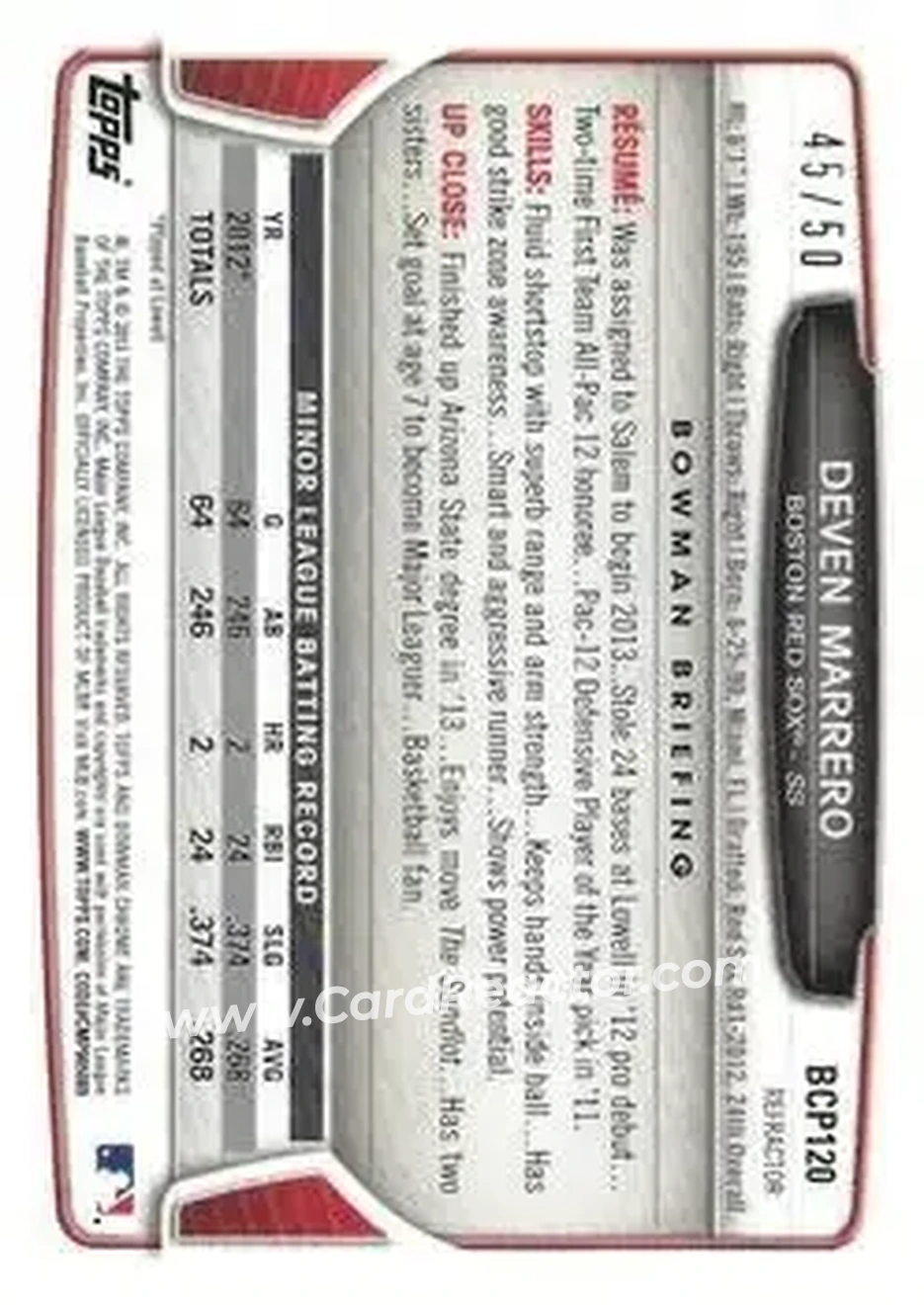 2013 Bowman Chrome - Prospects Gold Refractors #BCP120 - Deven Marrero - Boston Red Sox - Back