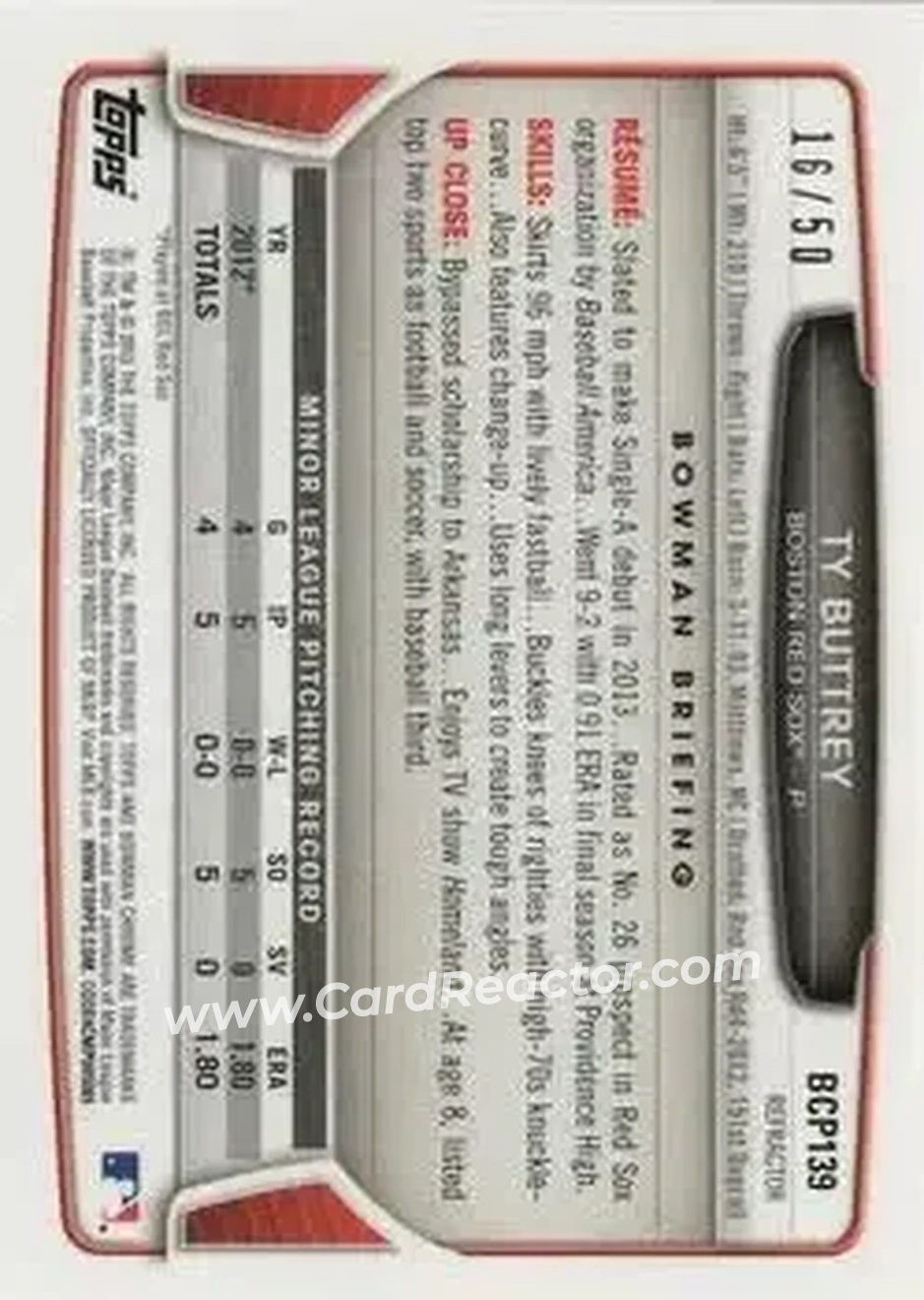2013 Bowman Chrome - Prospects Gold Refractors #BCP139 - Ty Buttrey - Boston Red Sox - Back 2013 Bowman Chrome - Prospects Gold Refractors #BCP139 - Ty Buttrey - Boston Red Sox - Back
