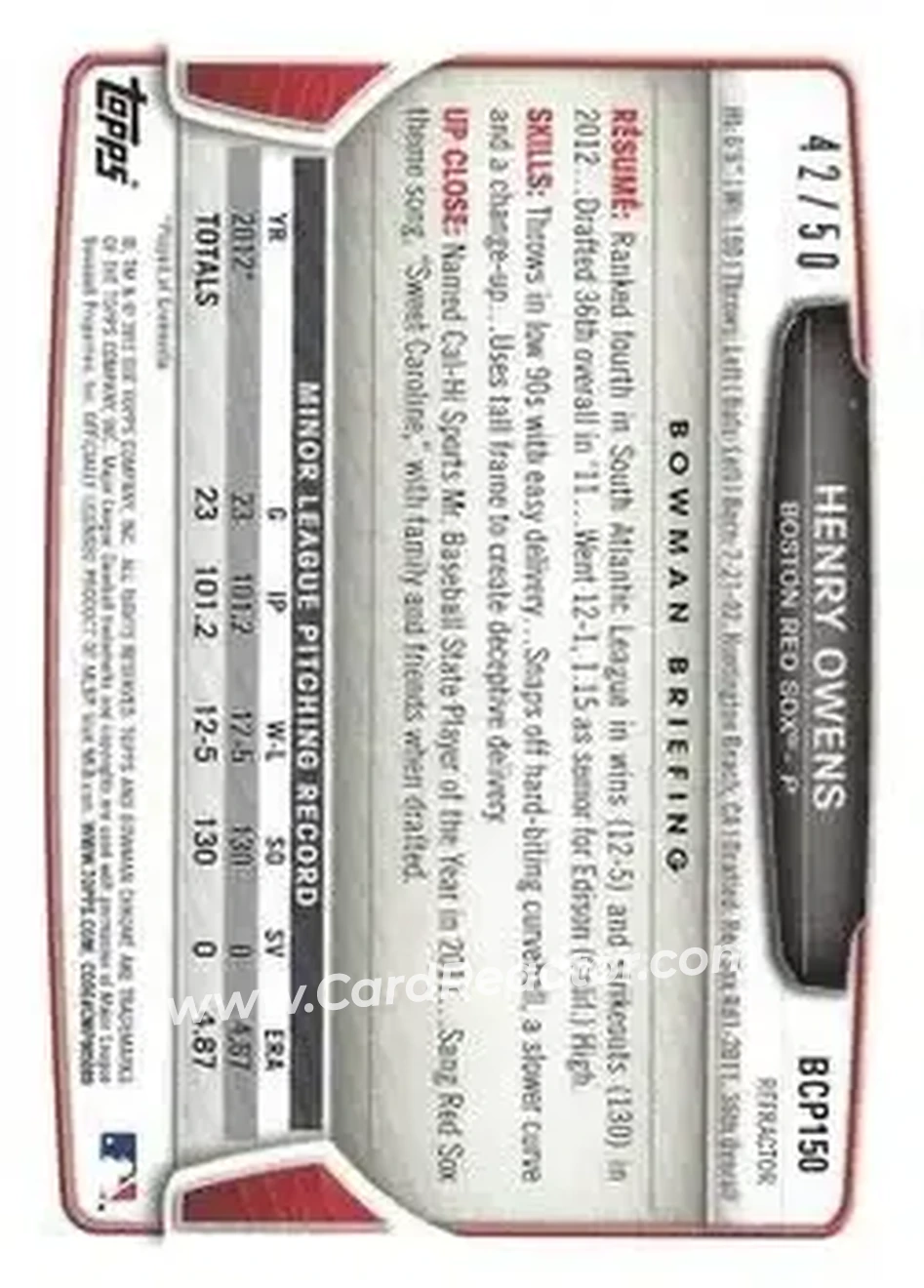 2013 Bowman Chrome - Prospects Gold Refractors #BCP150 - Henry Owens - Boston Red Sox - Back 2013 Bowman Chrome - Prospects Gold Refractors #BCP150 - Henry Owens - Boston Red Sox - Back