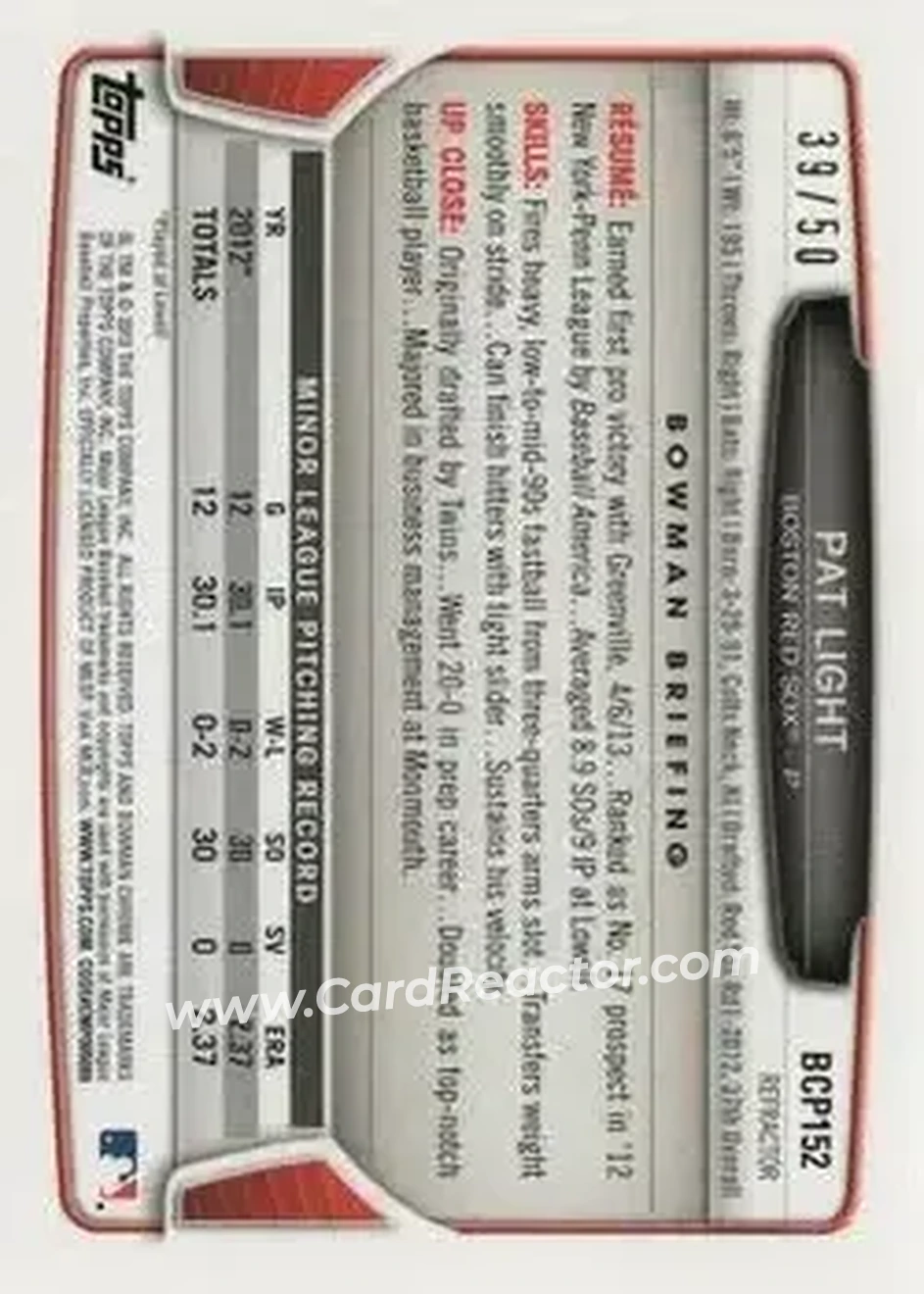 2013 Bowman Chrome - Prospects Gold Refractors #BCP152 - Pat Light - Boston Red Sox - Back
