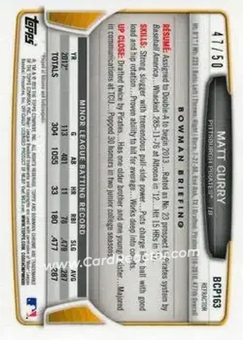 2013 Bowman Chrome - Prospects Gold Refractors #BCP163 - Matt Curry - Pittsburgh Pirates - Back