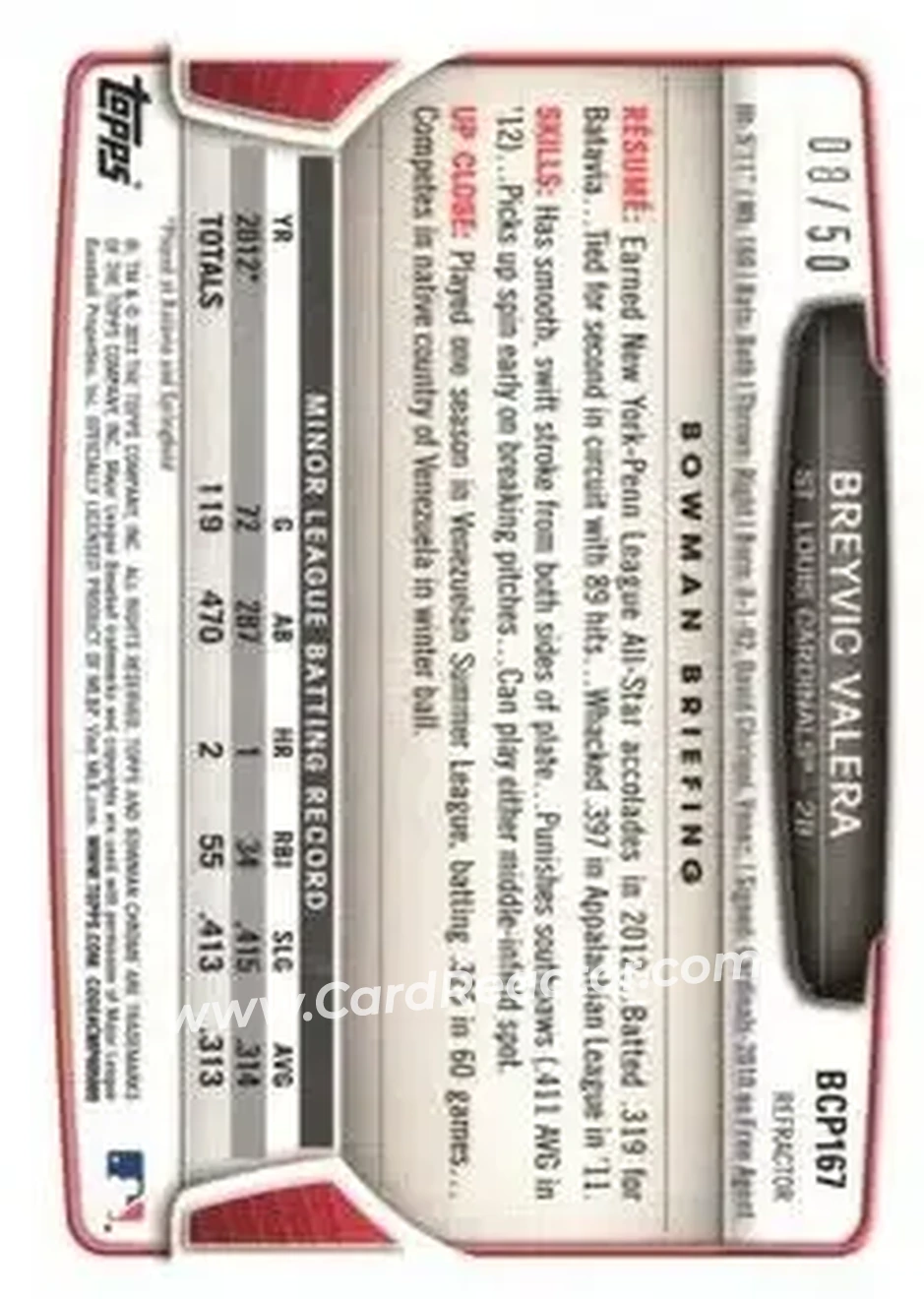 2013 Bowman Chrome - Prospects Gold Refractors #BCP167 - Breyvic Valera - St. Louis Cardinals - Back