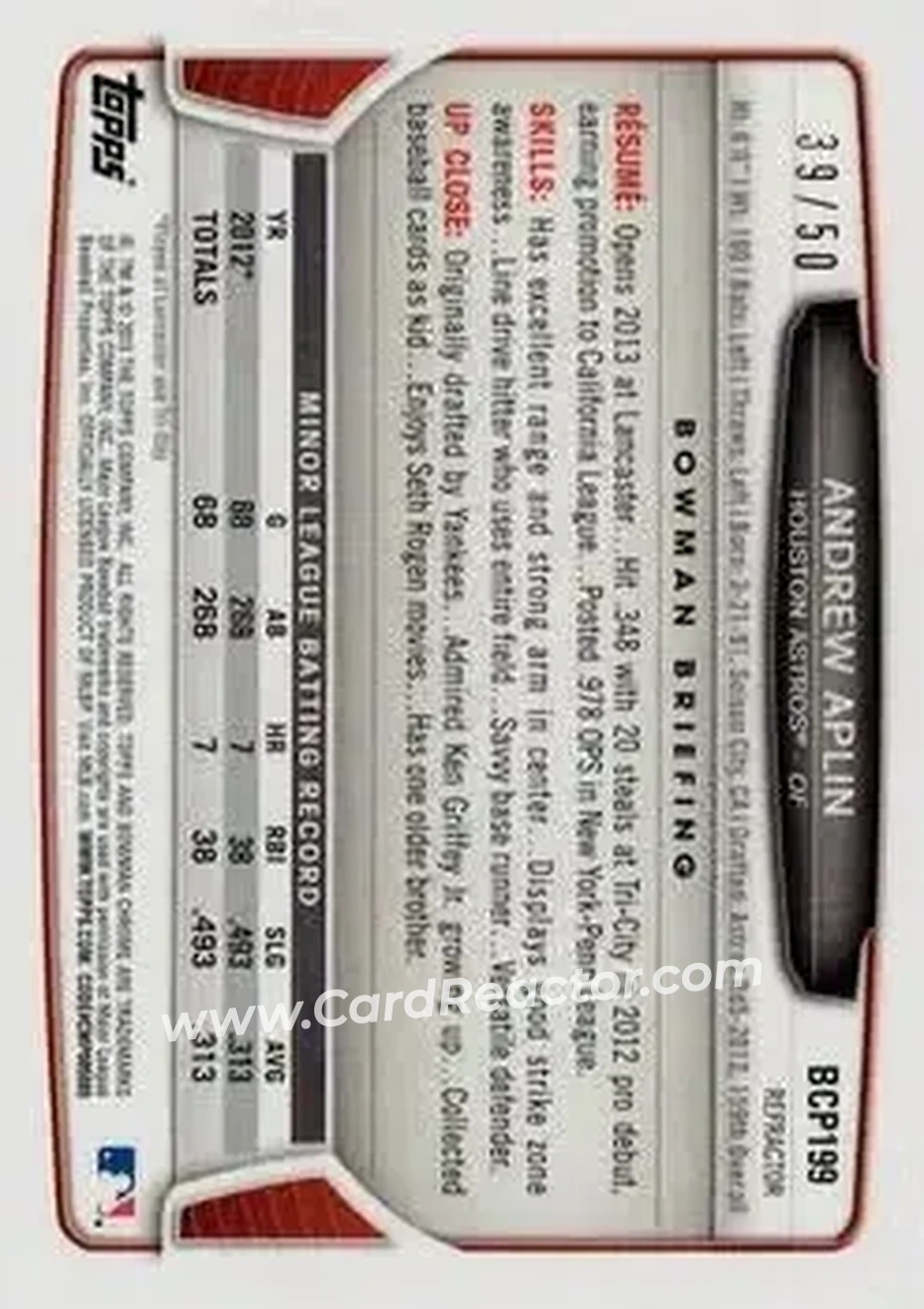 2013 Bowman Chrome - Prospects Gold Refractors #BCP199 - Andrew Aplin - Houston Astros - Back 2013 Bowman Chrome - Prospects Gold Refractors #BCP199 - Andrew Aplin - Houston Astros - Back