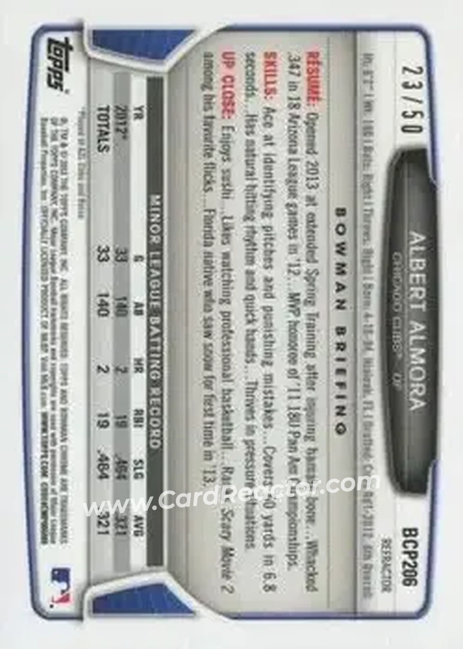2013 Bowman Chrome - Prospects Gold Refractors #BCP206 - Albert Almora - Chicago Cubs - Back 2013 Bowman Chrome - Prospects Gold Refractors #BCP206 - Albert Almora - Chicago Cubs - Back