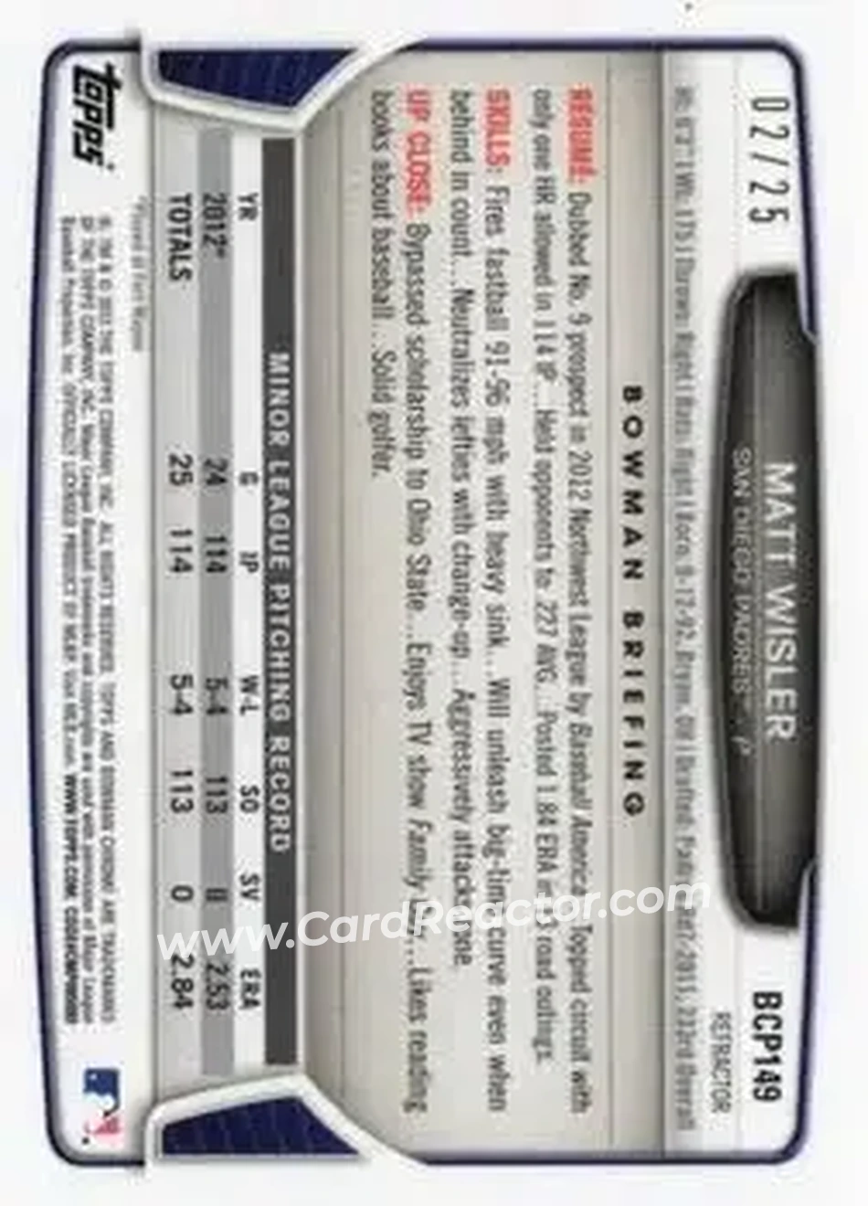 2013 Bowman Chrome - Prospects Orange Refractors #BCP149 - Matt Wisler - San Diego Padres - Back