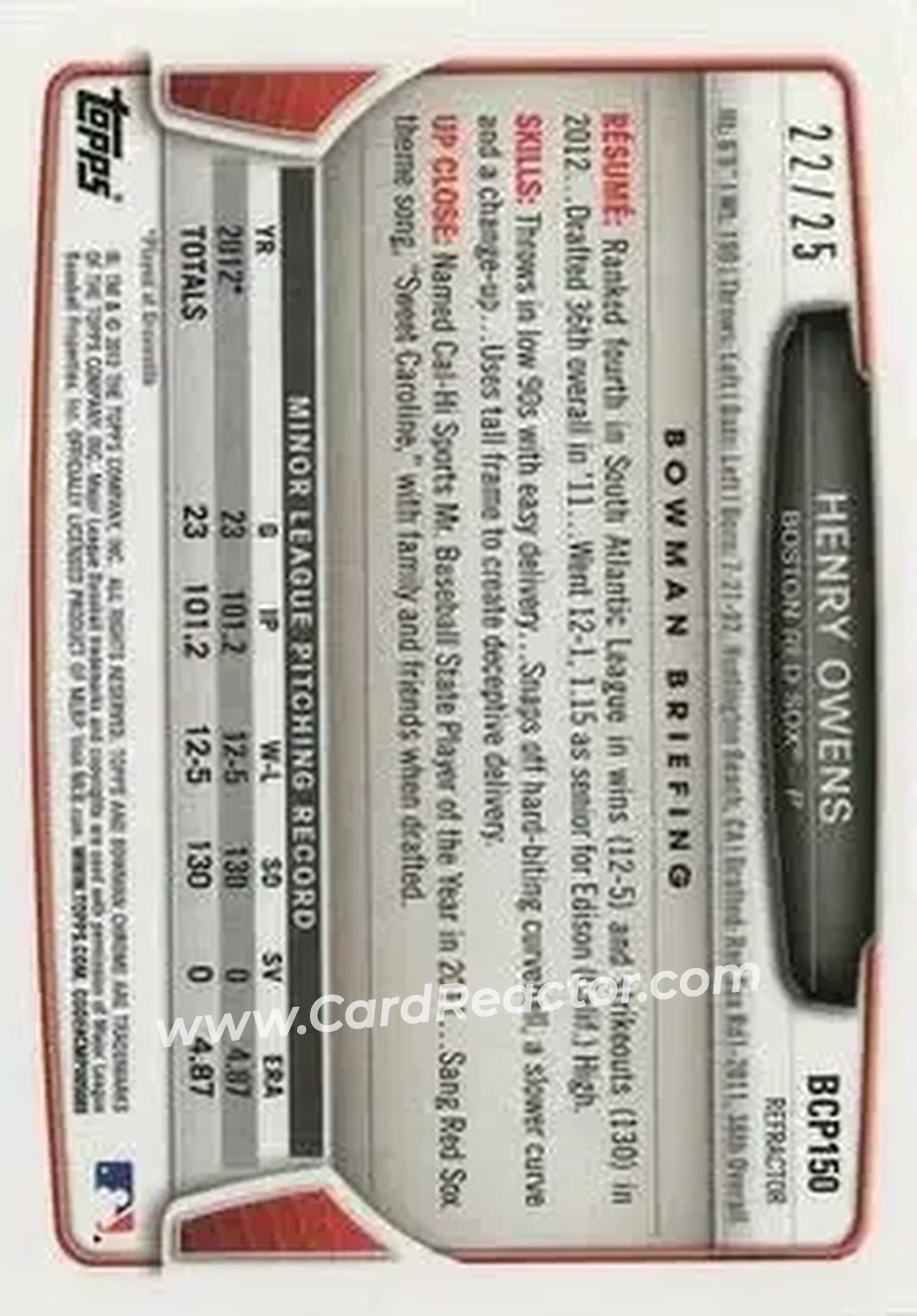 2013 Bowman Chrome - Prospects Orange Refractors #BCP150 - Henry Owens - Boston Red Sox - Back 2013 Bowman Chrome - Prospects Orange Refractors #BCP150 - Henry Owens - Boston Red Sox - Back