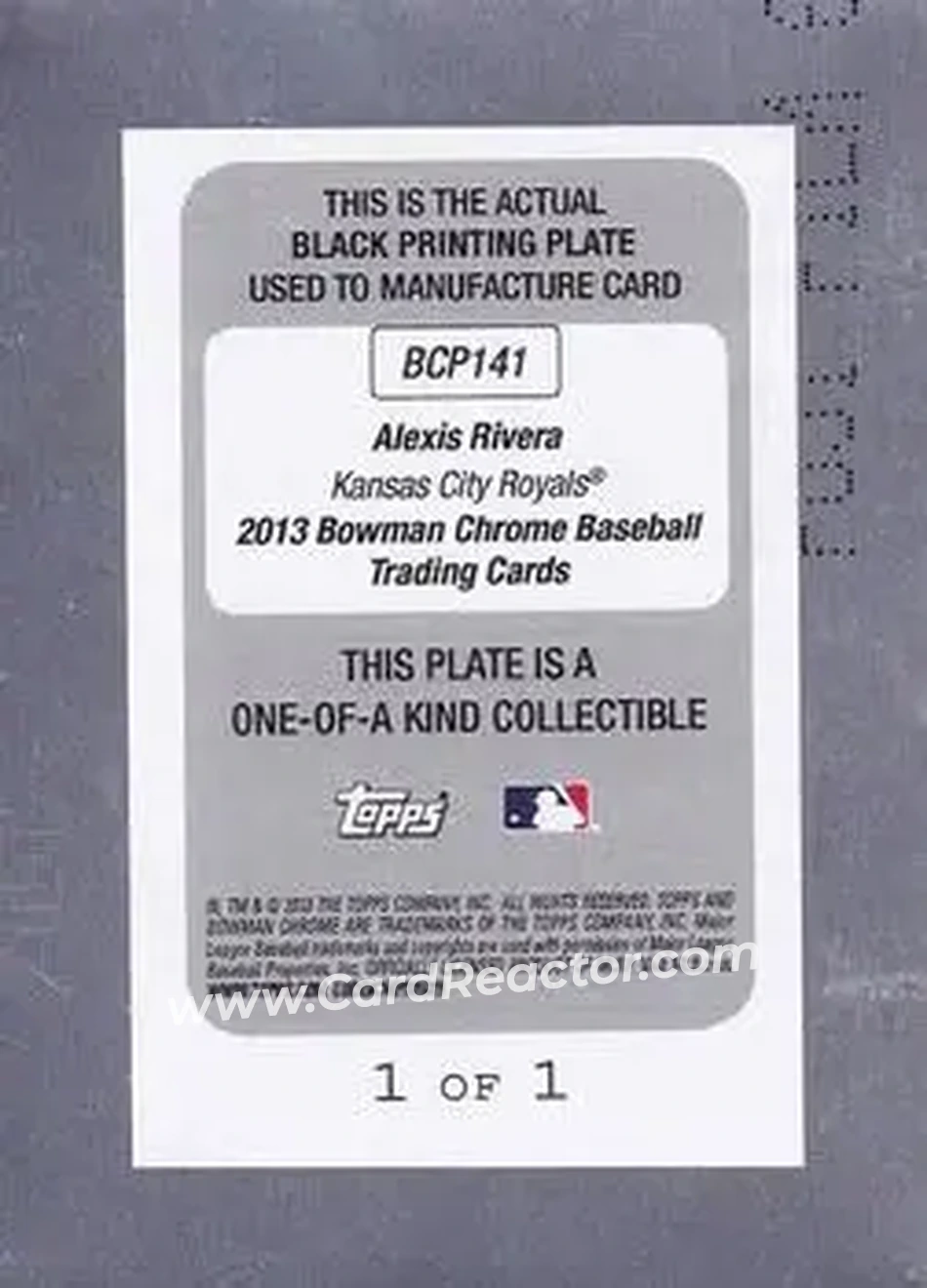 2013 Bowman Chrome - Prospects Printing Plates Black #BCP141 - Alexis Rivera - Kansas City Royals - Back 2013 Bowman Chrome - Prospects Printing Plates Black #BCP141 - Alexis Rivera - Kansas City Royals - Back