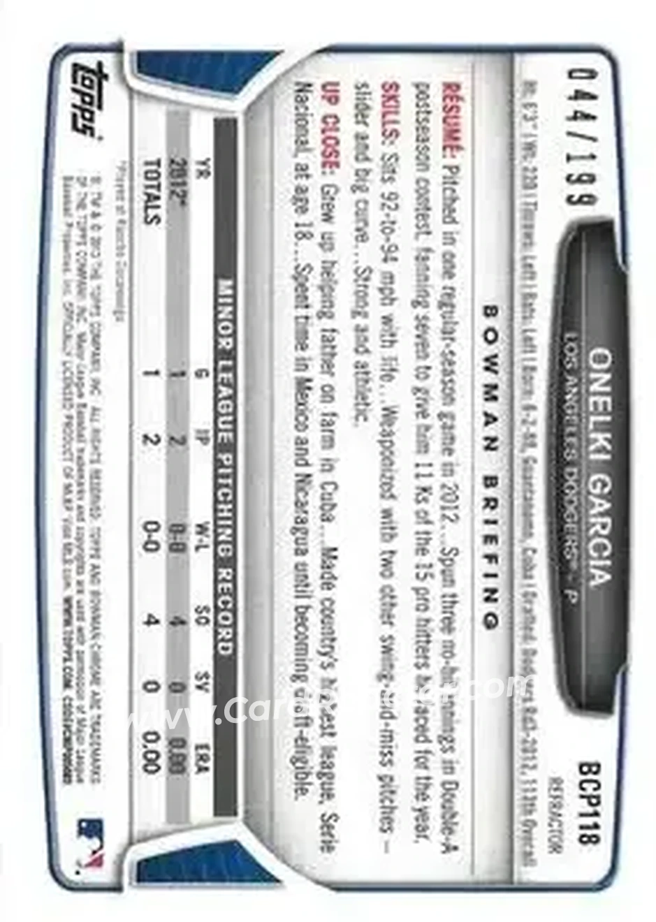 2013 Bowman Chrome - Prospects Purple Refractors #BCP118 - Onelki Garcia - Los Angeles Dodgers - Back