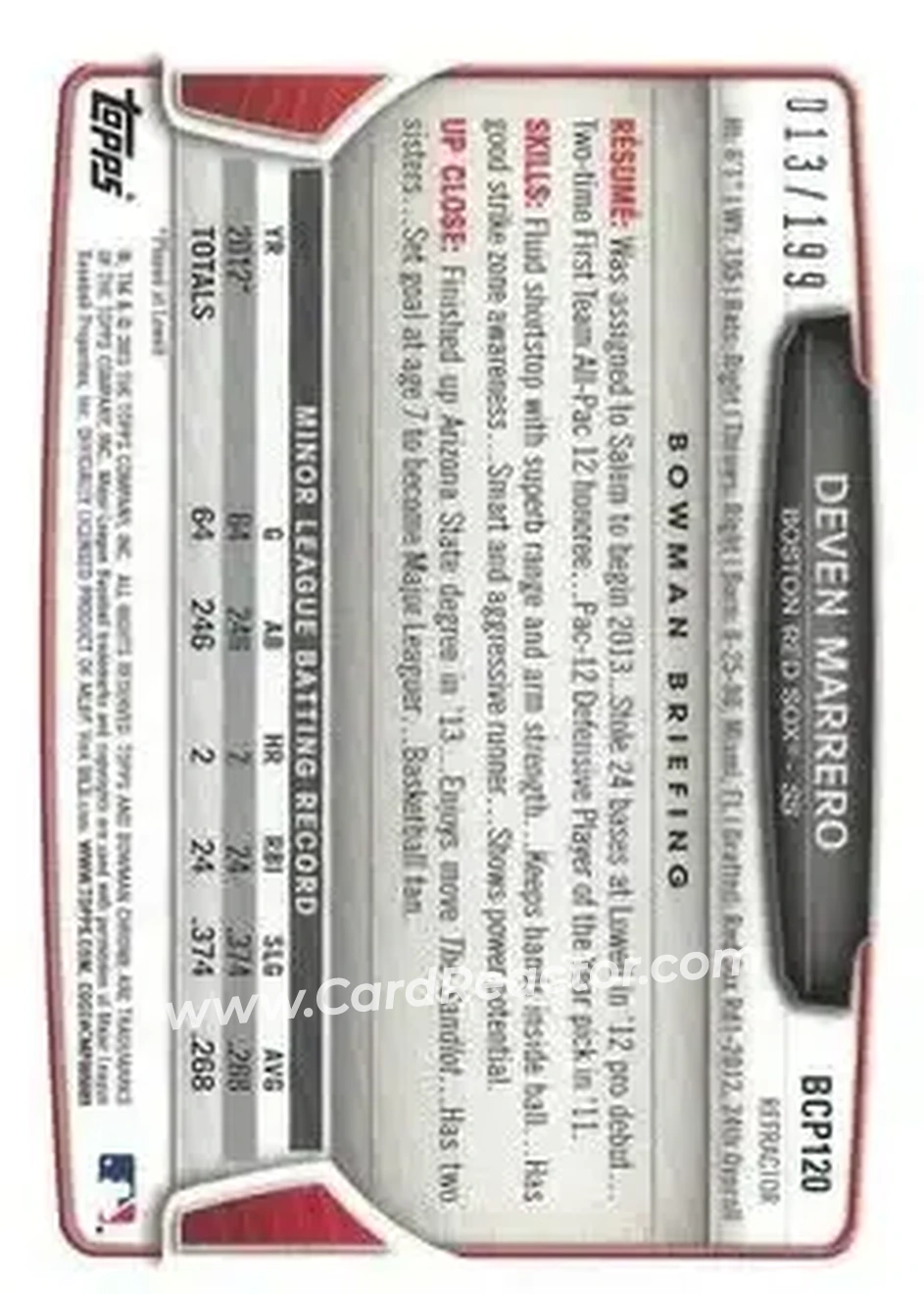 2013 Bowman Chrome - Prospects Purple Refractors #BCP120 - Deven Marrero - Boston Red Sox - Back