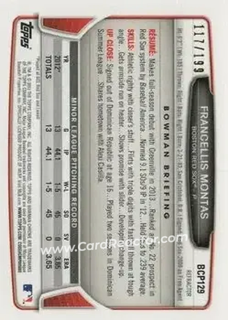 2013 Bowman Chrome - Prospects Purple Refractors #BCP129 - Francellis Montas - Boston Red Sox - Back 2013 Bowman Chrome - Prospects Purple Refractors #BCP129 - Francellis Montas - Boston Red Sox - Back