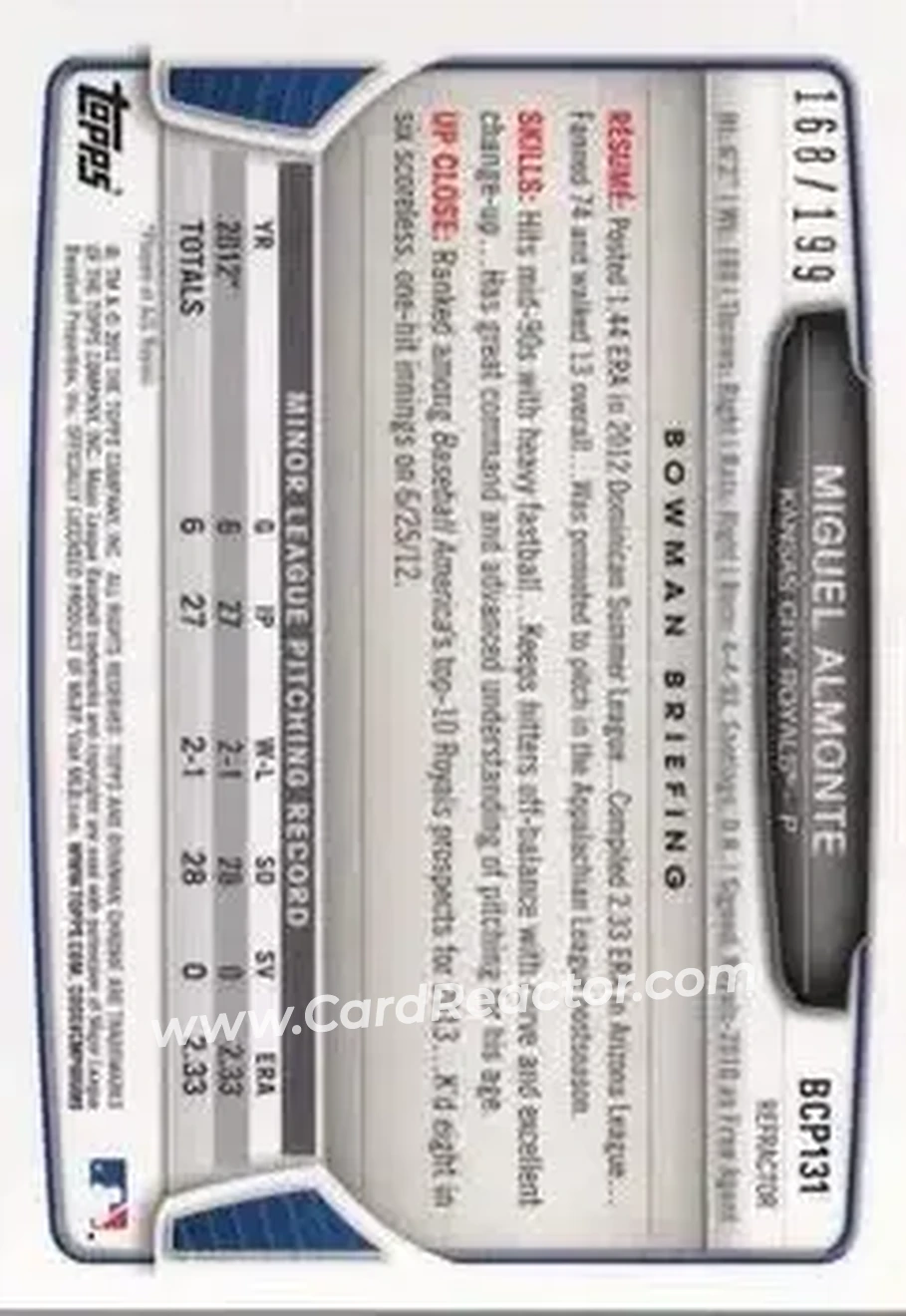2013 Bowman Chrome - Prospects Purple Refractors #BCP131 - Miguel Almonte - Kansas City Royals - Back 2013 Bowman Chrome - Prospects Purple Refractors #BCP131 - Miguel Almonte - Kansas City Royals - Back