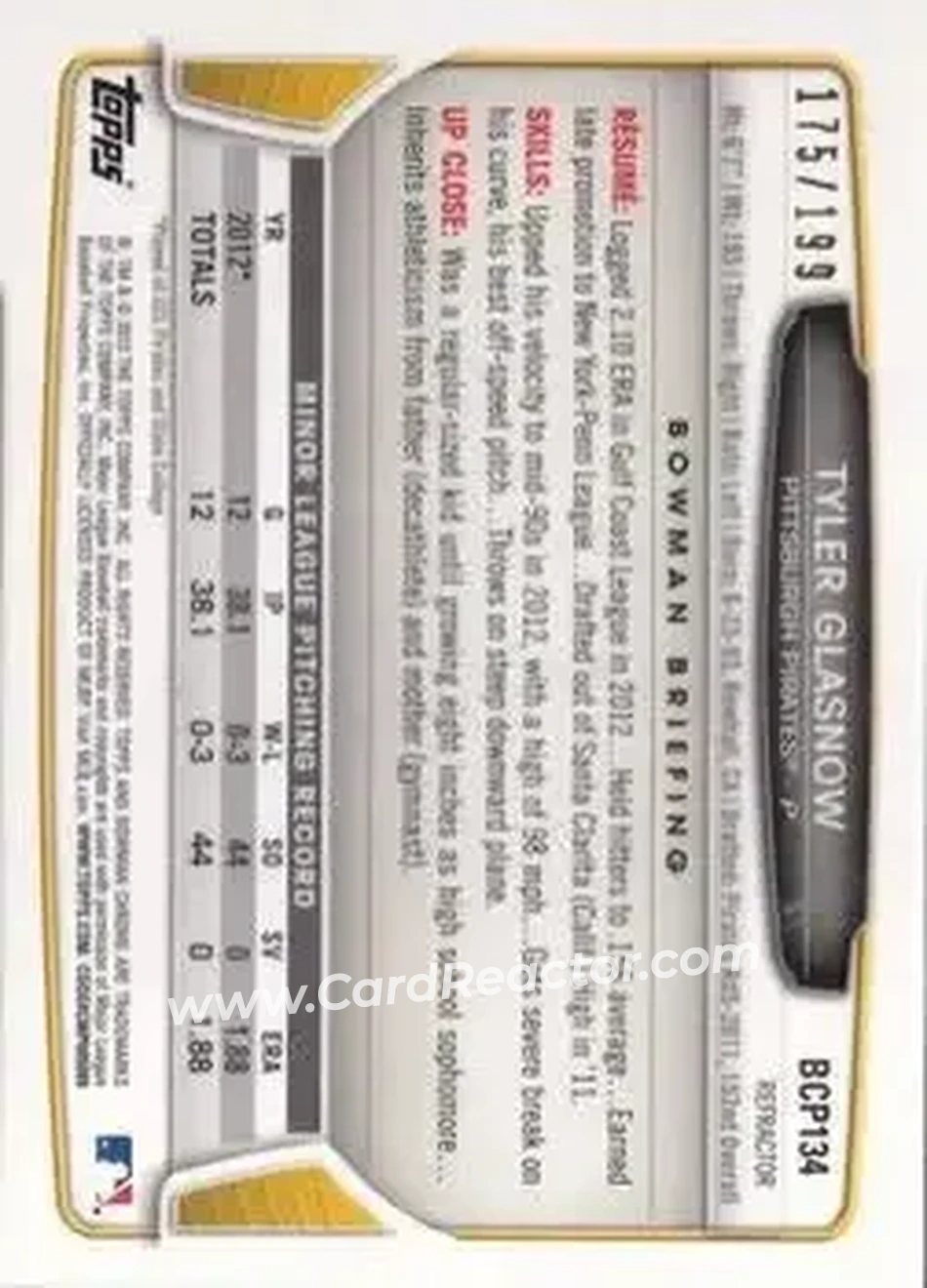 2013 Bowman Chrome - Prospects Purple Refractors #BCP134 - Tyler Glasnow - Pittsburgh Pirates - Back 2013 Bowman Chrome - Prospects Purple Refractors #BCP134 - Tyler Glasnow - Pittsburgh Pirates - Back