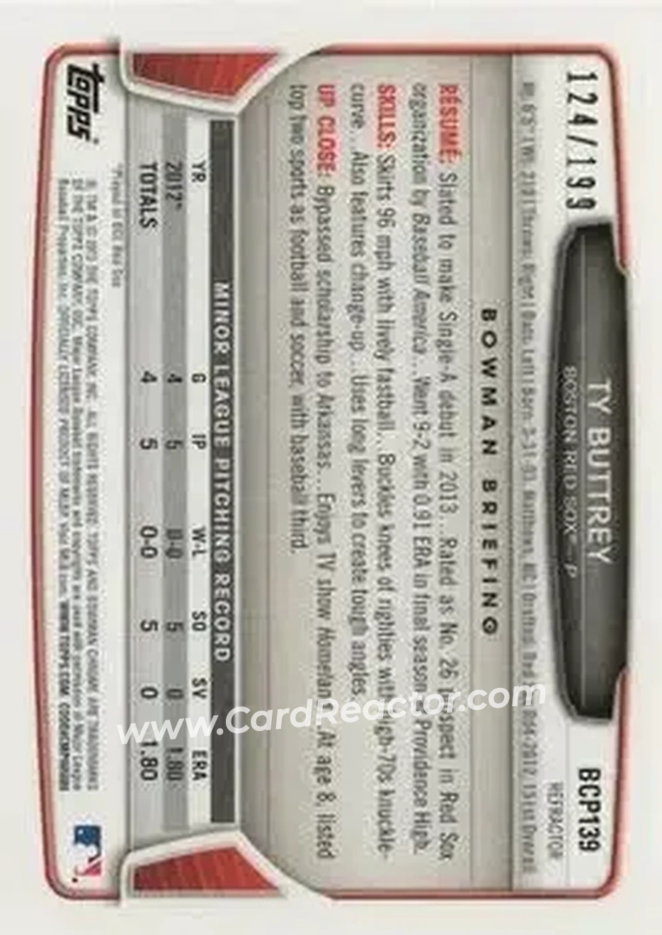 2013 Bowman Chrome - Prospects Purple Refractors #BCP139 - Ty Buttrey - Boston Red Sox - Back 2013 Bowman Chrome - Prospects Purple Refractors #BCP139 - Ty Buttrey - Boston Red Sox - Back
