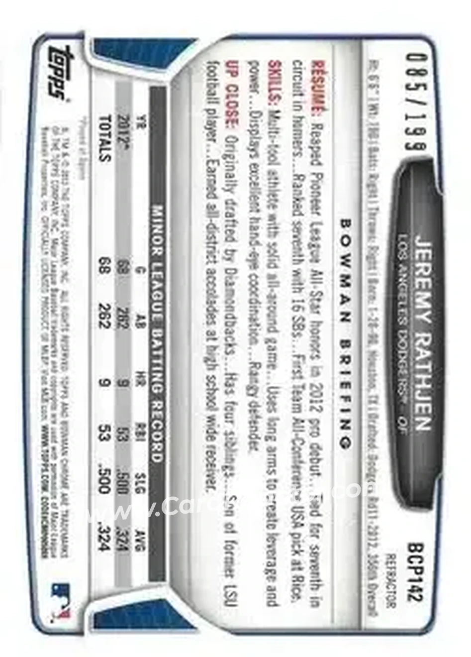 2013 Bowman Chrome - Prospects Purple Refractors #BCP142 - Jeremy Rathjen - Los Angeles Dodgers - Back