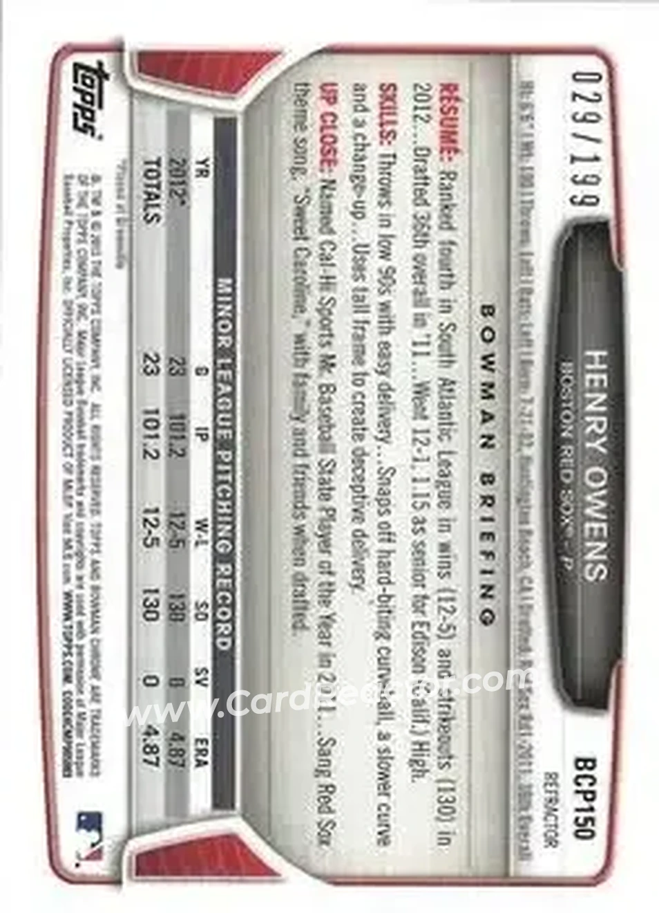 2013 Bowman Chrome - Prospects Purple Refractors #BCP150 - Henry Owens - Boston Red Sox - Back 2013 Bowman Chrome - Prospects Purple Refractors #BCP150 - Henry Owens - Boston Red Sox - Back