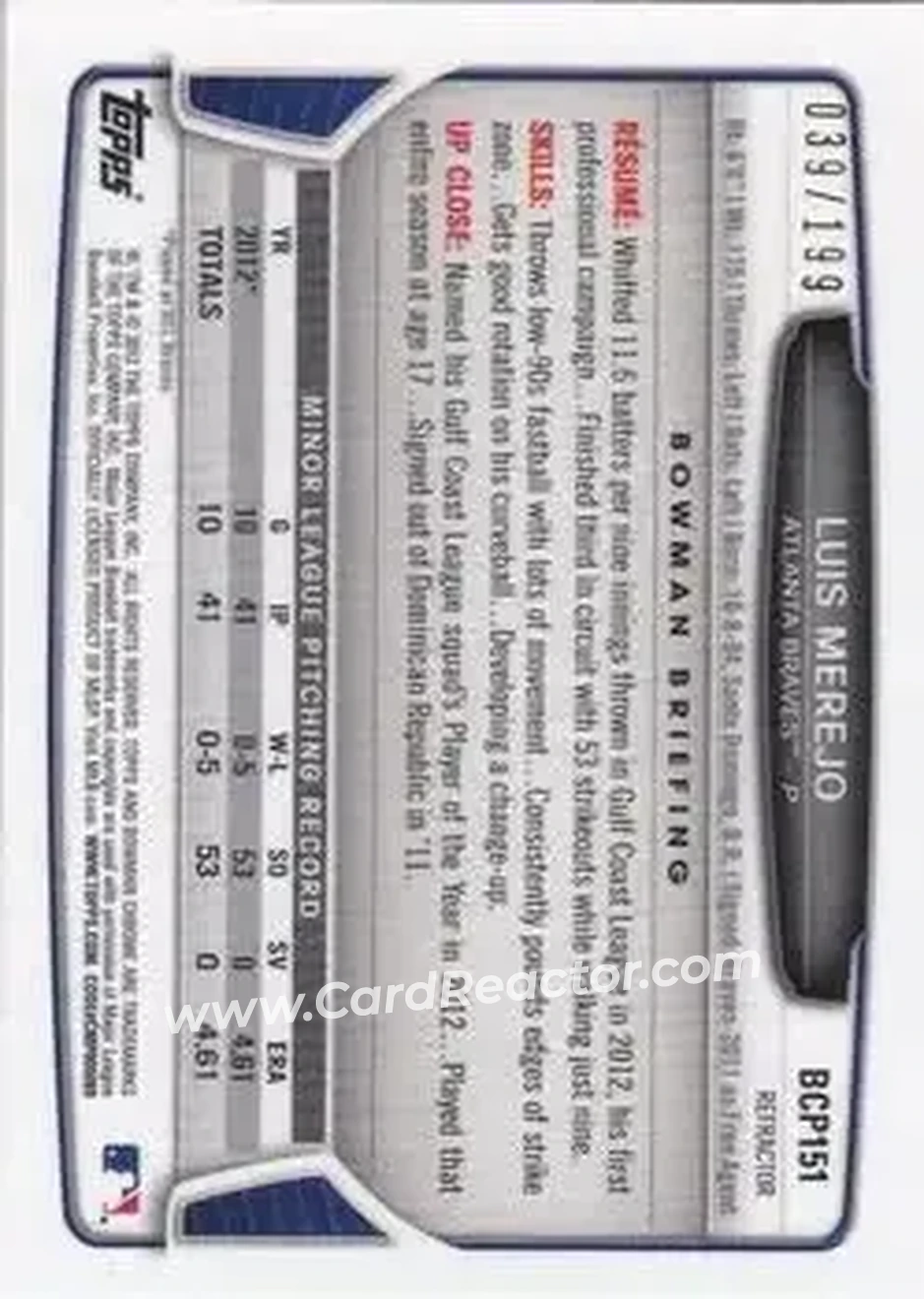 2013 Bowman Chrome - Prospects Purple Refractors #BCP151 - Luis Merejo - Atlanta Braves - Back
