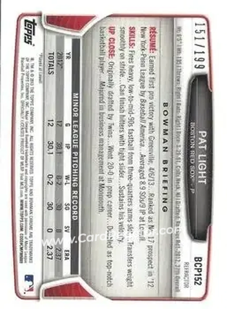 2013 Bowman Chrome - Prospects Purple Refractors #BCP152 - Pat Light - Boston Red Sox - Back 2013 Bowman Chrome - Prospects Purple Refractors #BCP152 - Pat Light - Boston Red Sox - Back