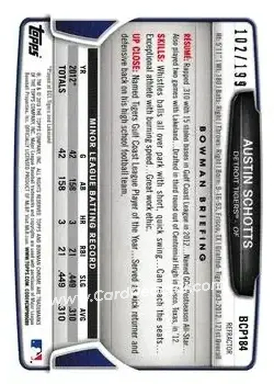 2013 Bowman Chrome - Prospects Purple Refractors #BCP184 - Austin Schotts - Detroit Tigers - Back