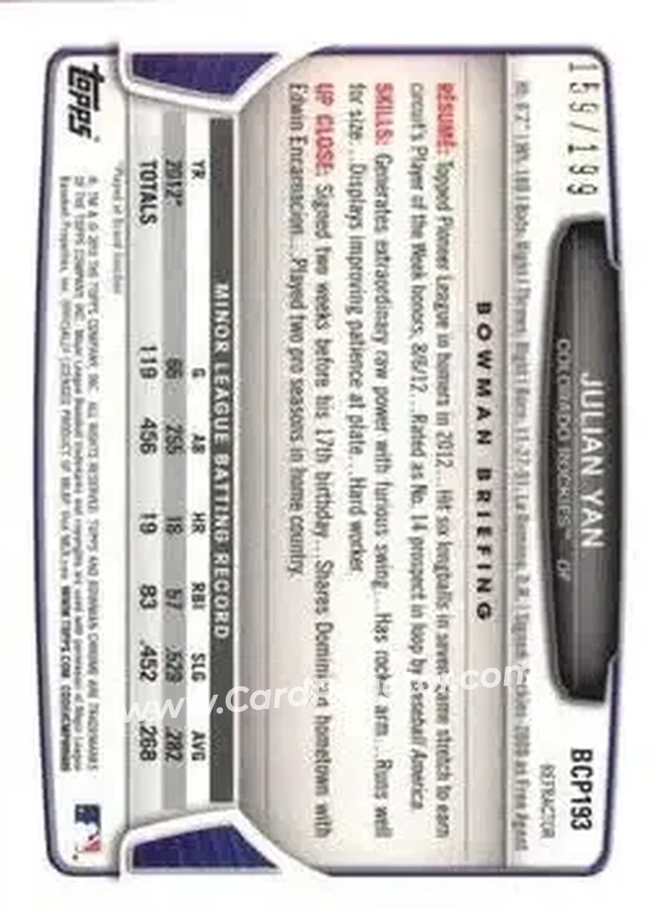 2013 Bowman Chrome - Prospects Purple Refractors #BCP193 - Julian Yan - Colorado Rockies - Back