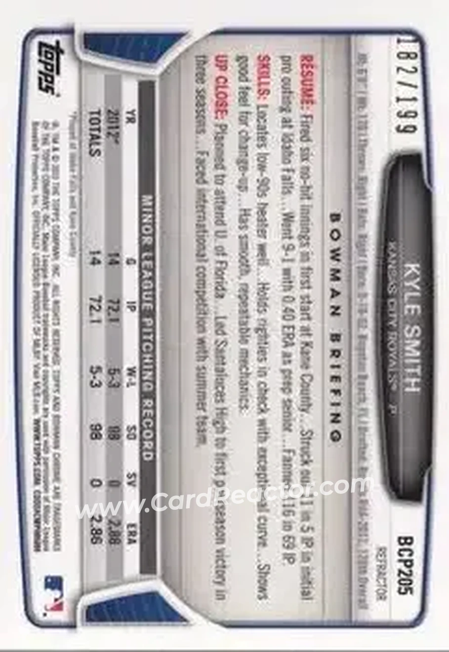 2013 Bowman Chrome - Prospects Purple Refractors #BCP205 - Kyle Smith - Kansas City Royals - Back