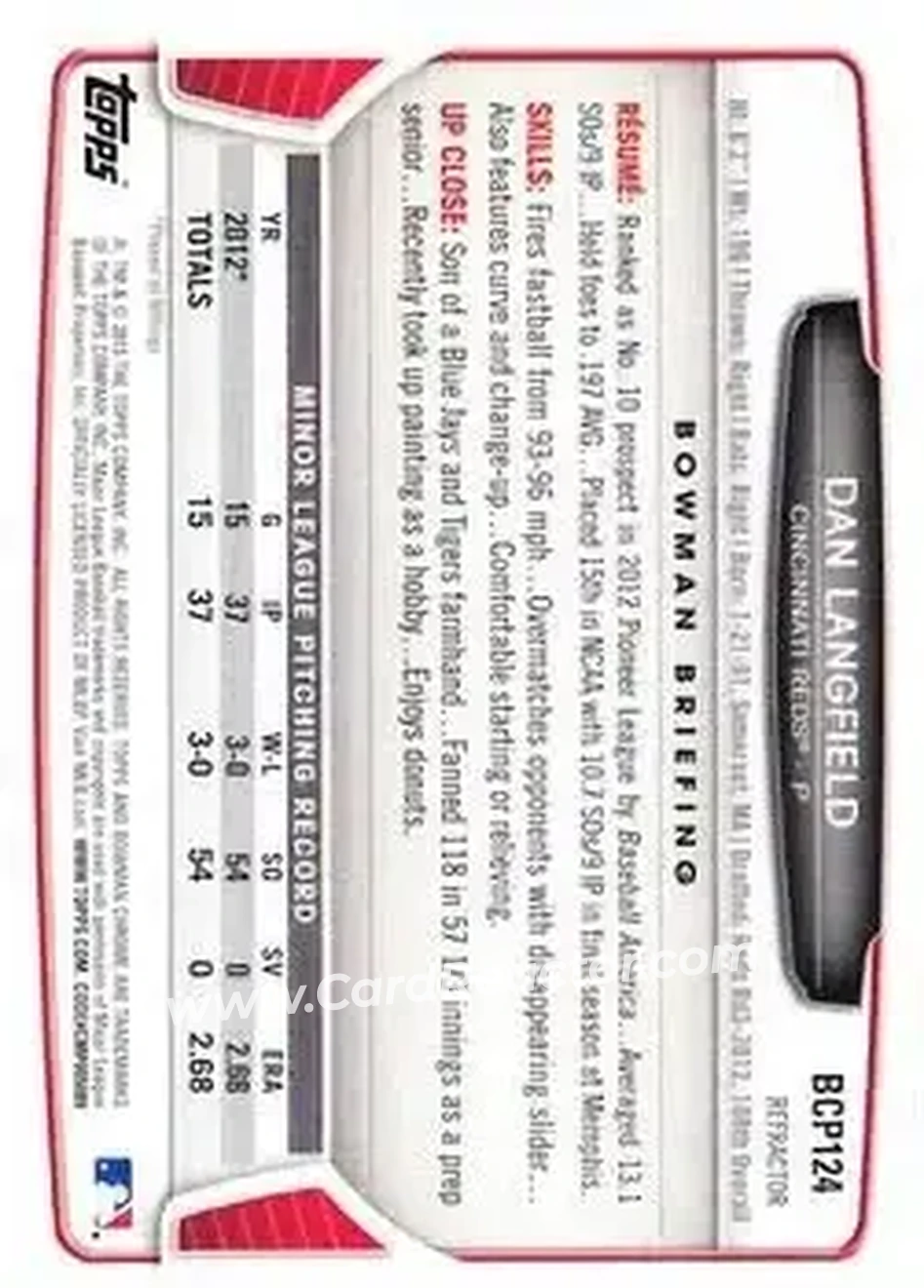 2013 Bowman Chrome - Prospects Refractors #BCP124 - Dan Langfield - Cincinnati Reds - Back