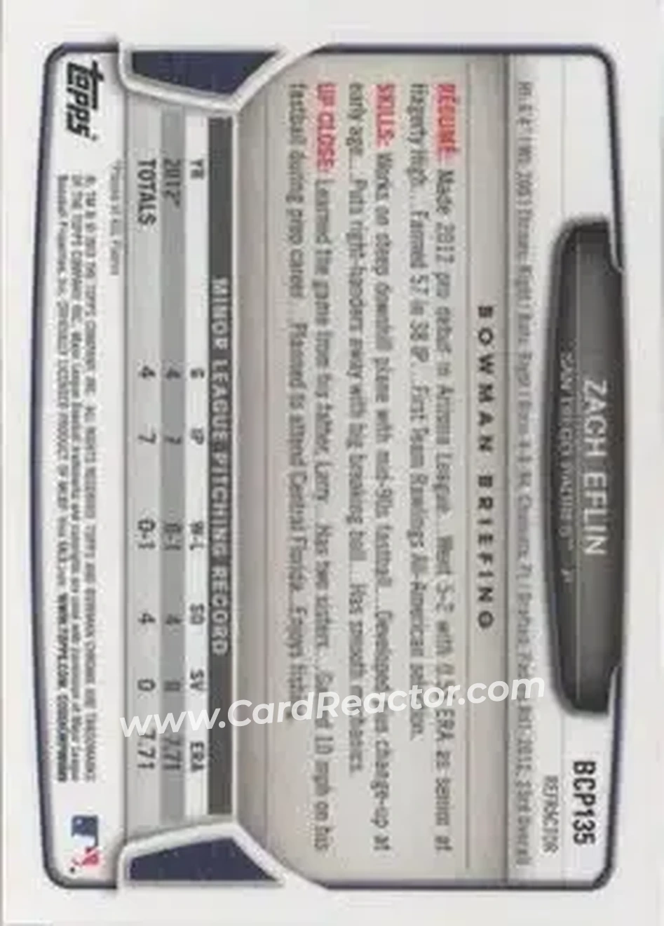 2013 Bowman Chrome - Prospects Refractors #BCP135 - Zach Eflin - San Diego Padres - Back