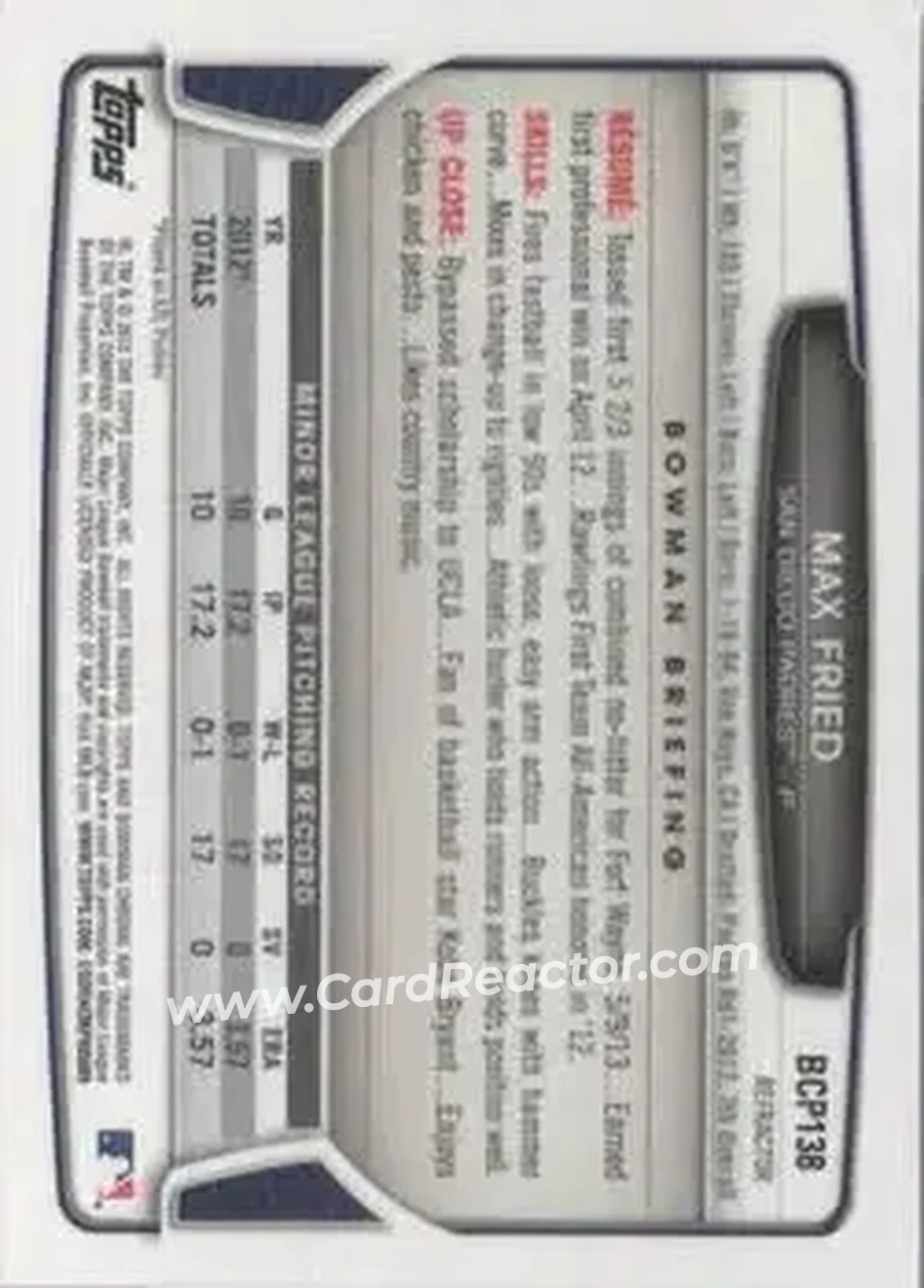 2013 Bowman Chrome - Prospects Refractors #BCP138 - Max Fried - San Diego Padres - Back